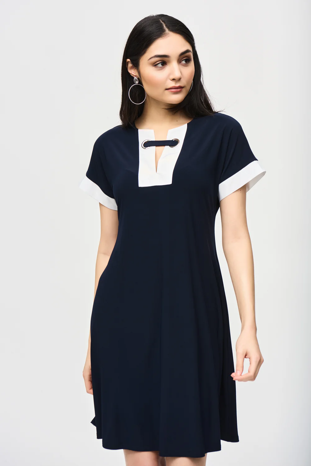 Joseph Ribkoff Midnight Blue/Vanilla Colour-Block A-line Dress Style 241030 - Image 2