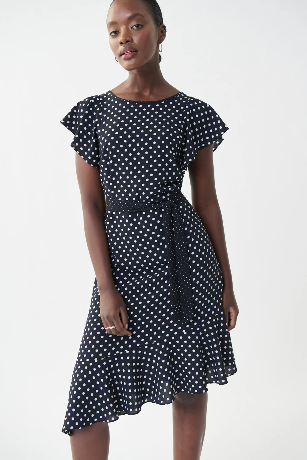 Joseph Ribkoff Midnight Blue/Vanilla Dot & Ruffle Dress Style 222212