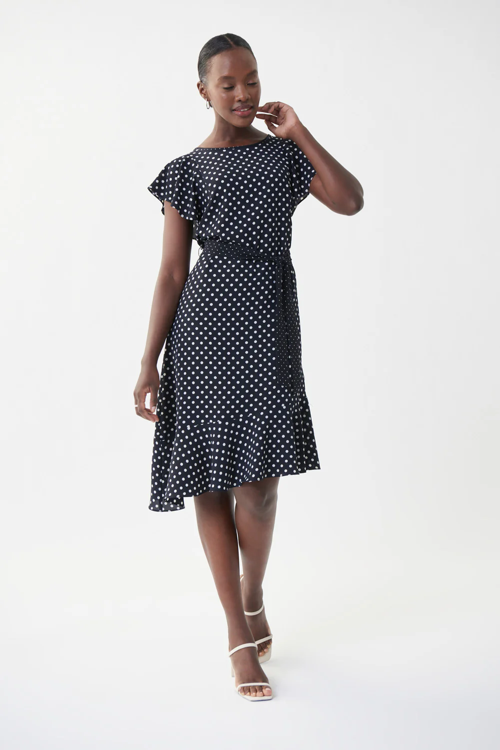 Joseph Ribkoff Midnight Blue/Vanilla Dot & Ruffle Dress Style 222212 - Image 2