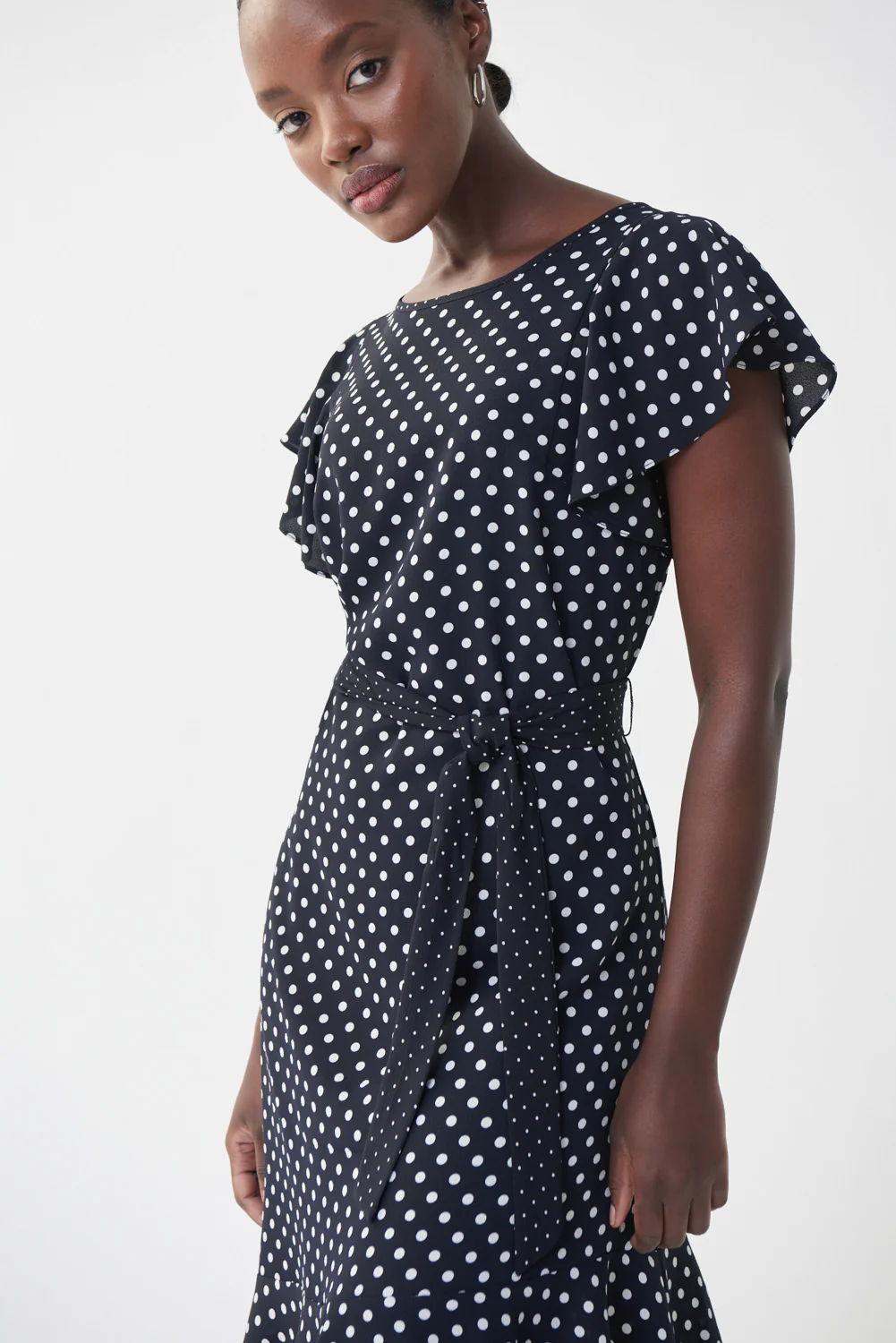 Joseph Ribkoff Midnight Blue/Vanilla Dot & Ruffle Dress Style 222212 - Image 3