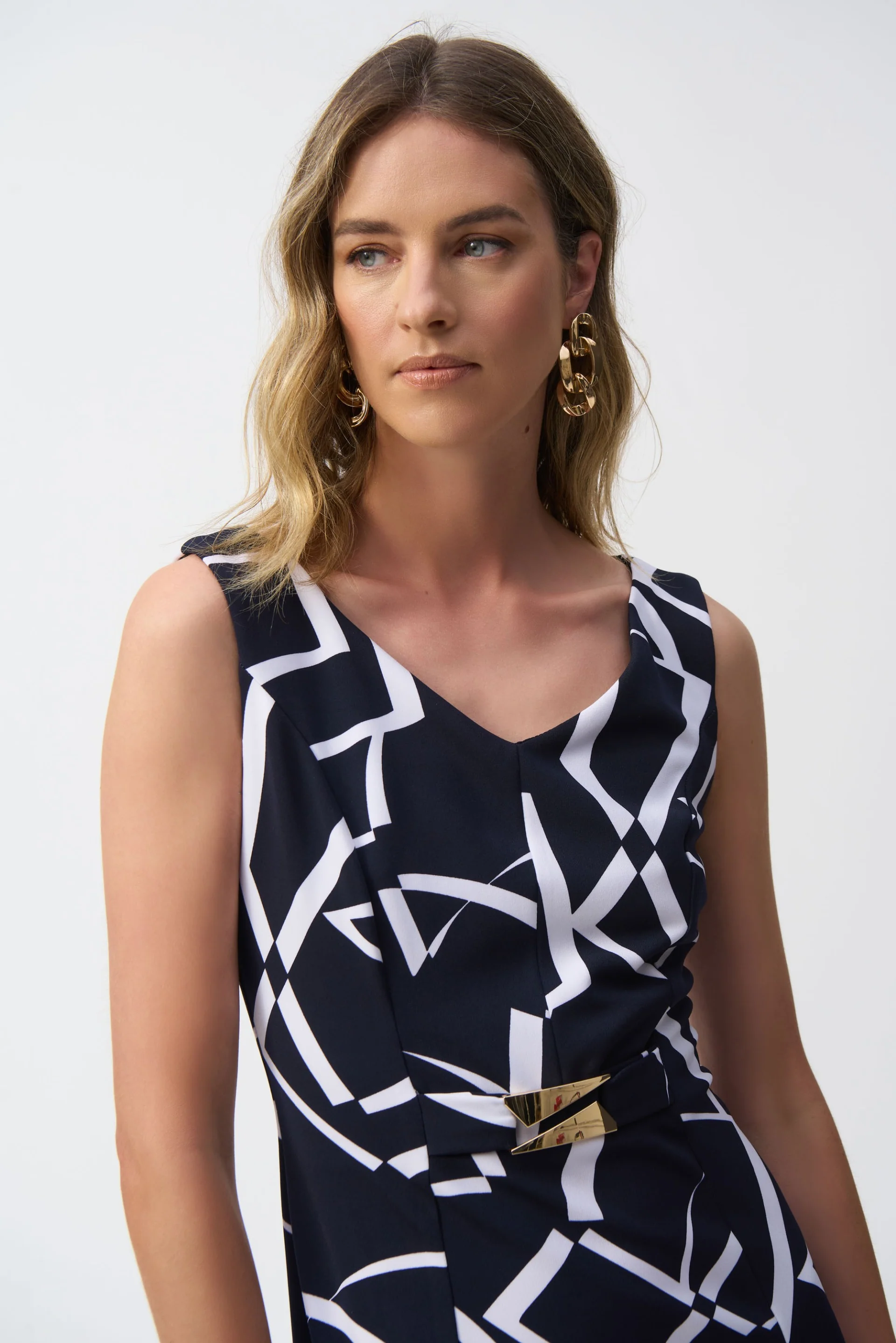 Joseph Ribkoff Midnight Blue/Vanilla Geometric Print Sheath Dress Style 251108 - Image 2