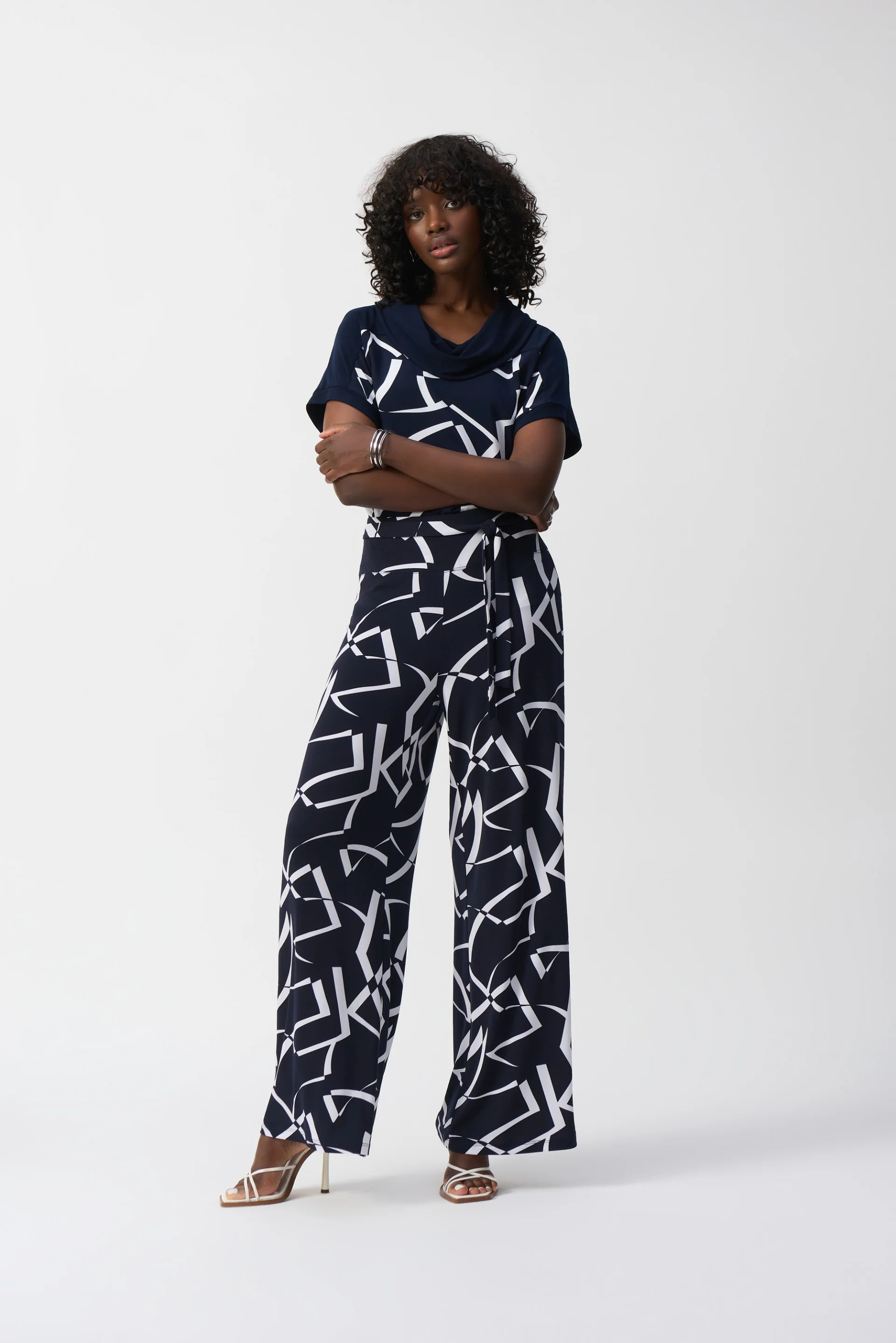Joseph Ribkoff Midnight Blue/Vanilla Geometric Print Wide Leg Pants Style 251216 - Image 2