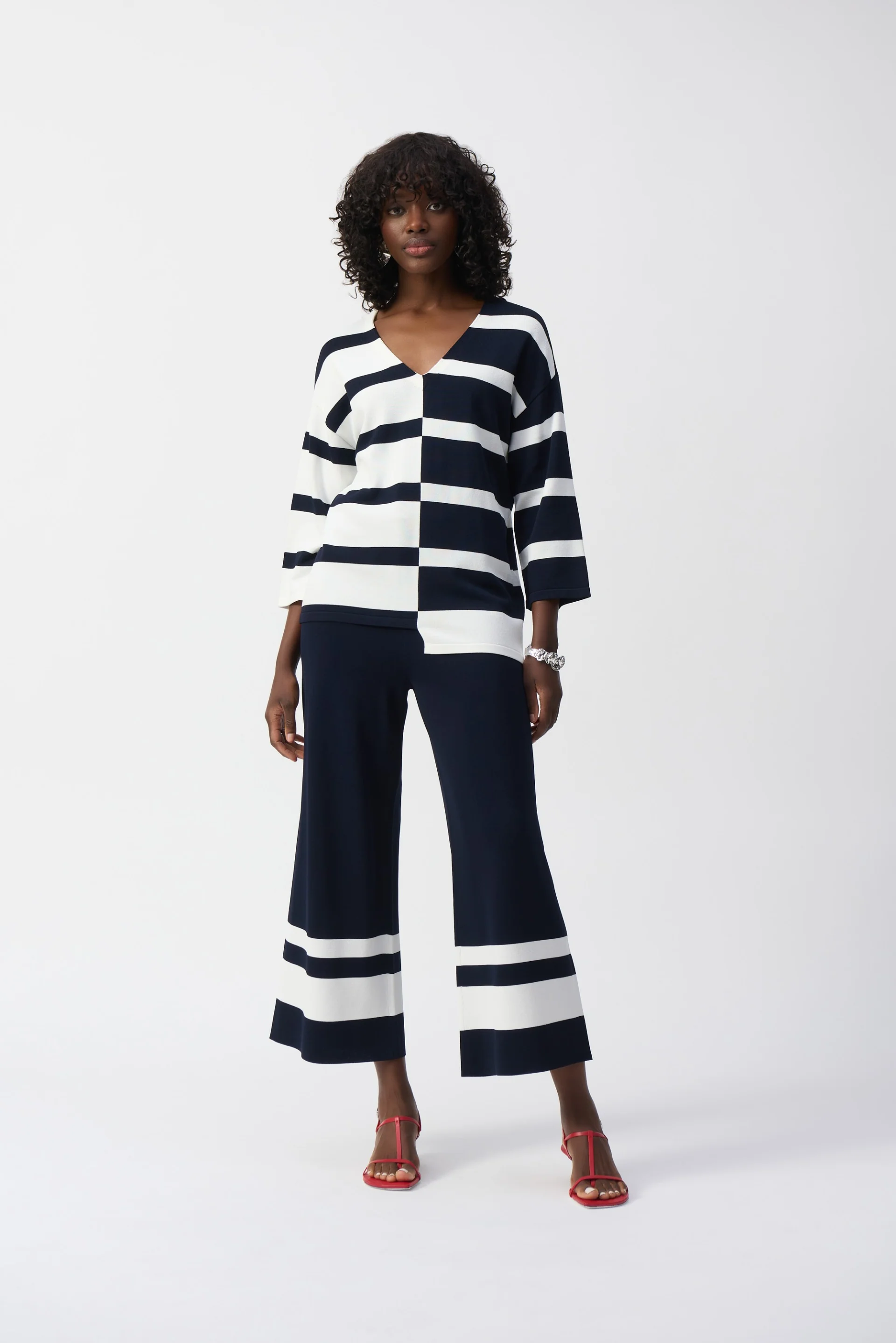 Joseph Ribkoff Midnight Blue/Vanilla Placement Stripe Sweater Knit Culotte Style 251945 - Image 2