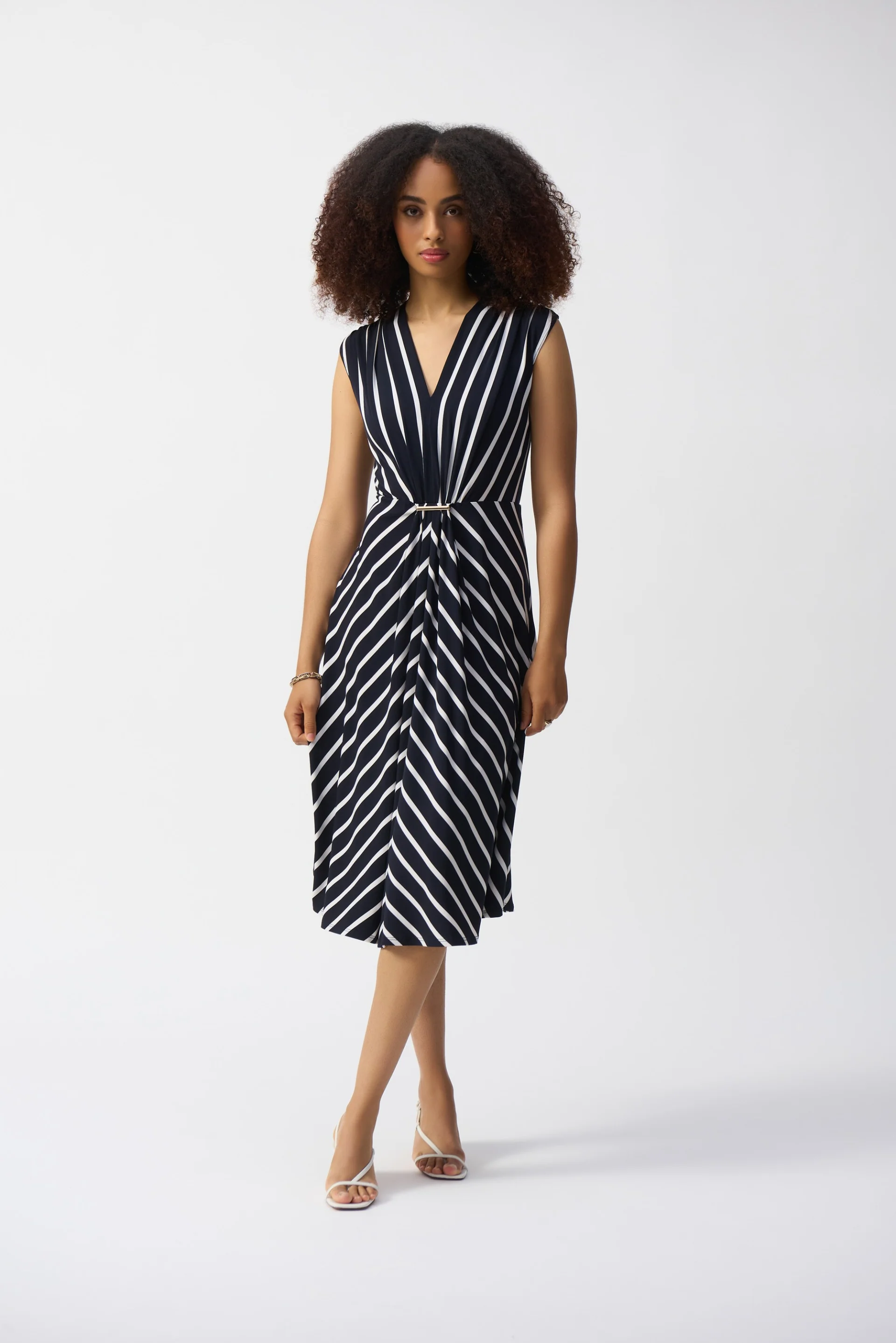 Joseph Ribkoff Midnight Blue/Vanilla Silky Knit Stripe Fit and Flare Dress Style 251295