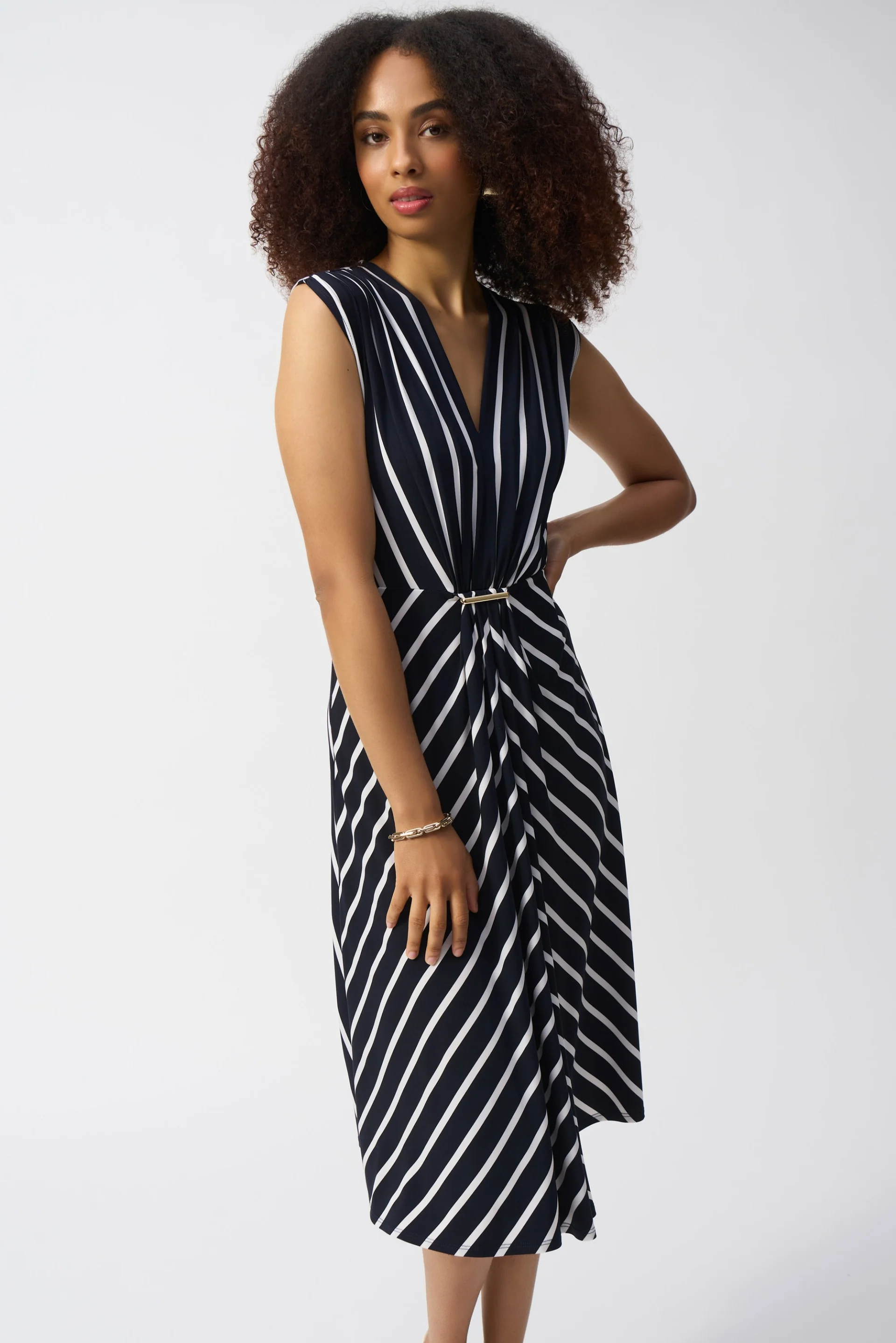 Joseph Ribkoff Midnight Blue/Vanilla Silky Knit Stripe Fit and Flare Dress Style 251295 - Image 2