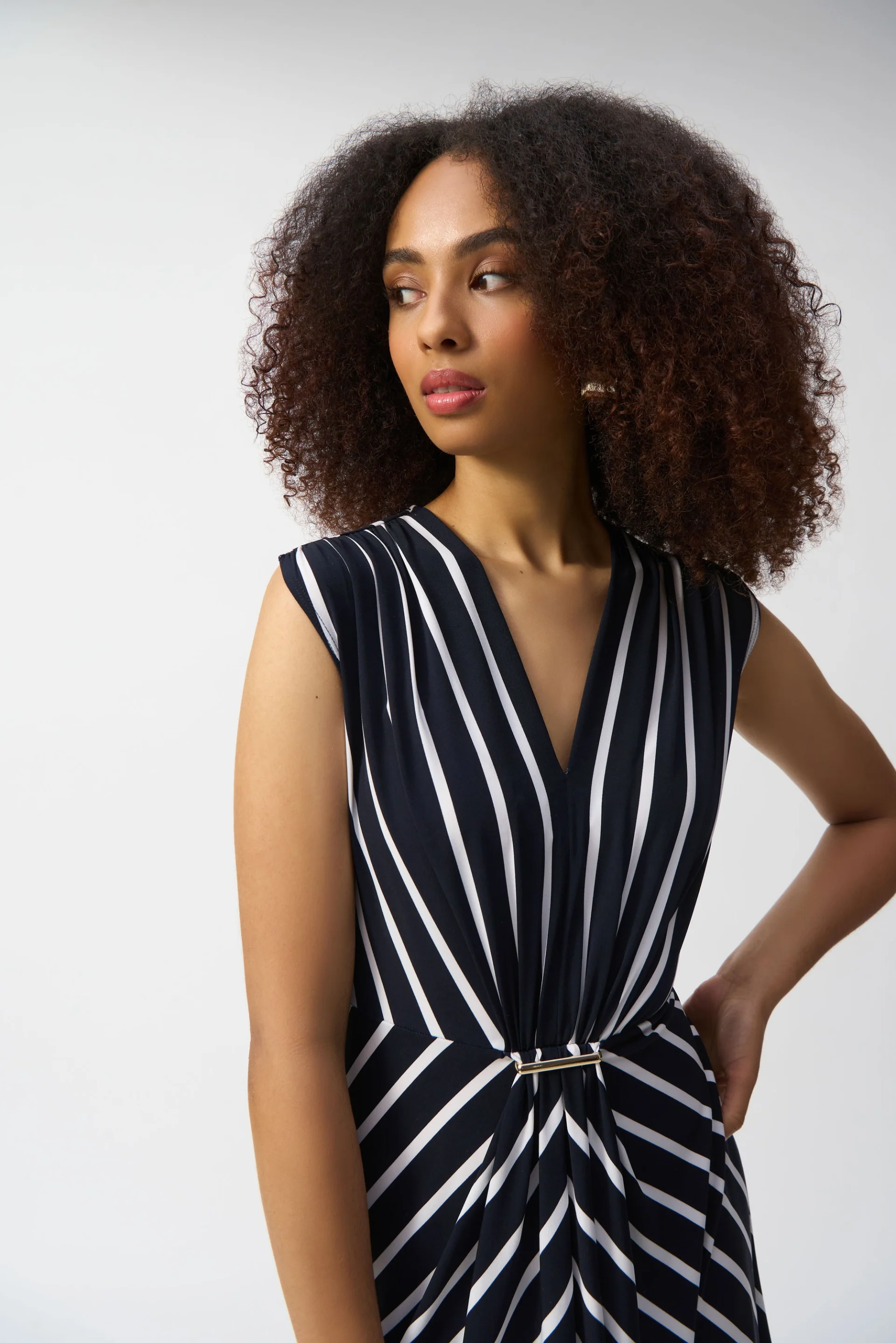 Joseph Ribkoff Midnight Blue/Vanilla Silky Knit Stripe Fit and Flare Dress Style 251295 - Image 3