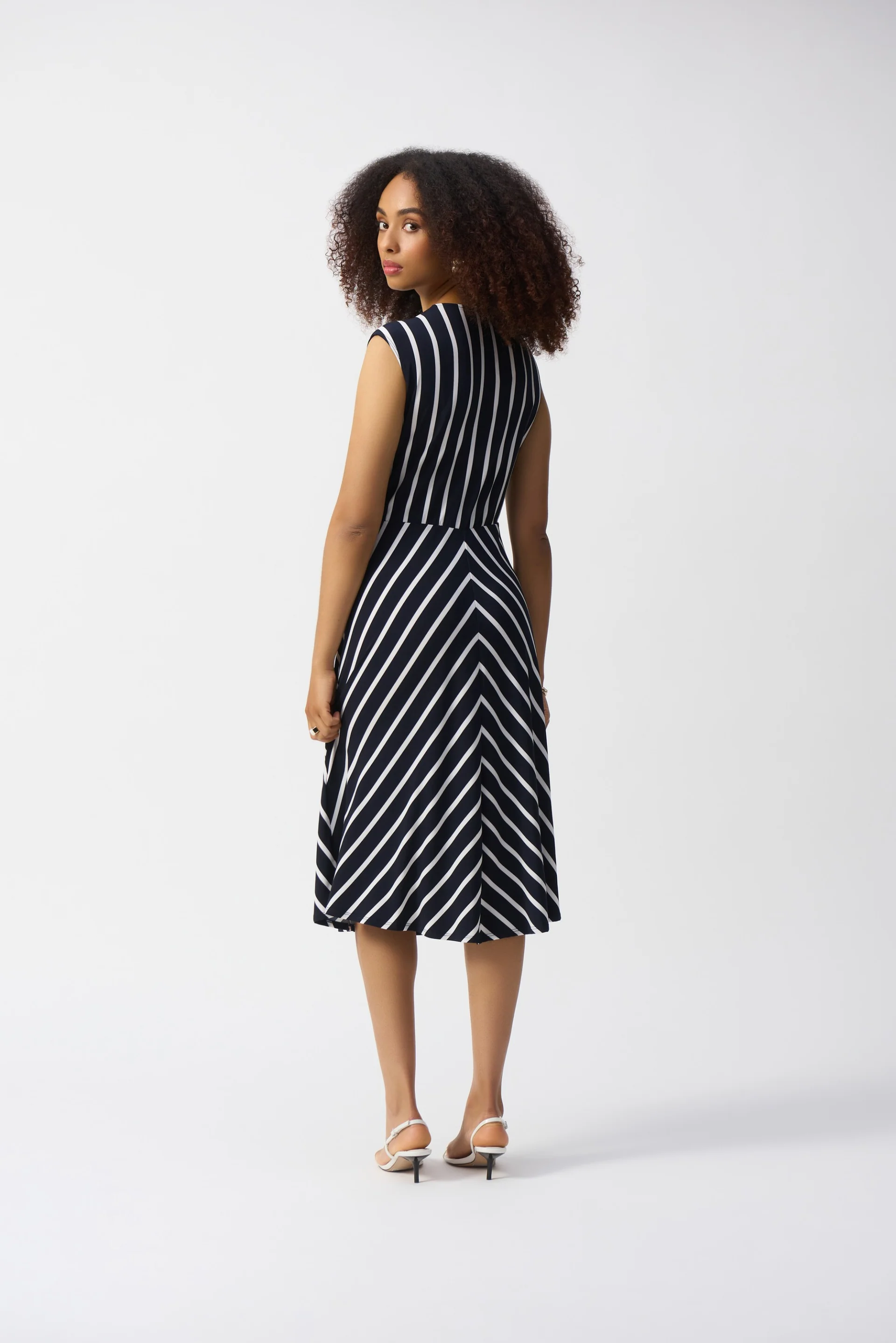 Joseph Ribkoff Midnight Blue/Vanilla Silky Knit Stripe Fit and Flare Dress Style 251295 - Image 4