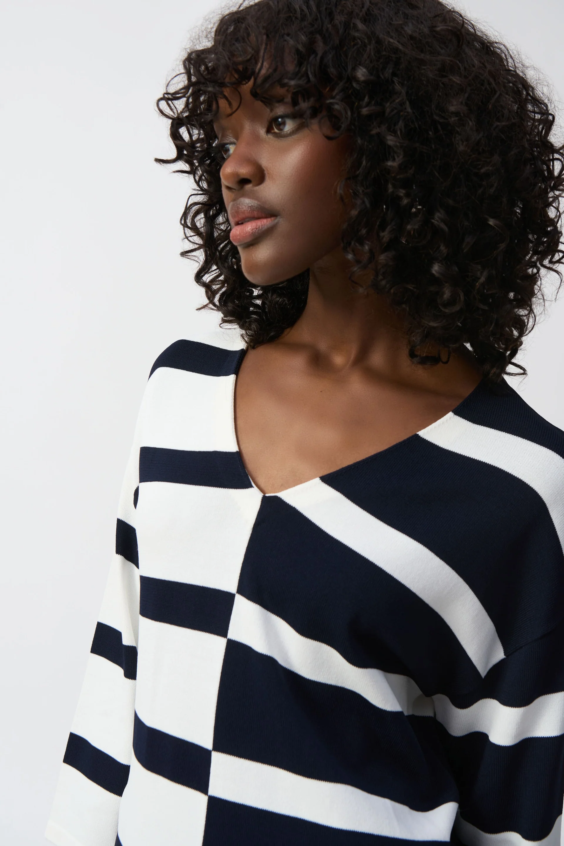Joseph Ribkoff Midnight Blue/Vanilla Striped V-Neck Pullover Style 251914 - Image 2