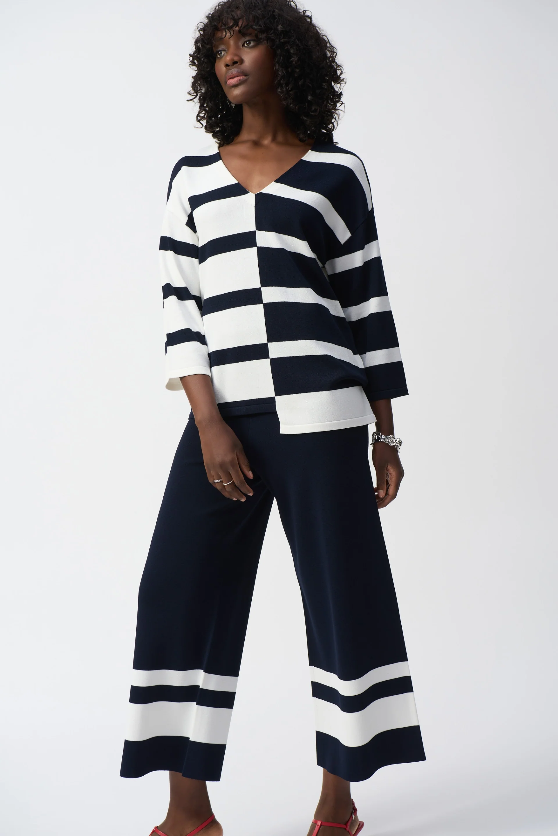 Joseph Ribkoff Midnight Blue/Vanilla Striped V-Neck Pullover Style 251914 - Image 3
