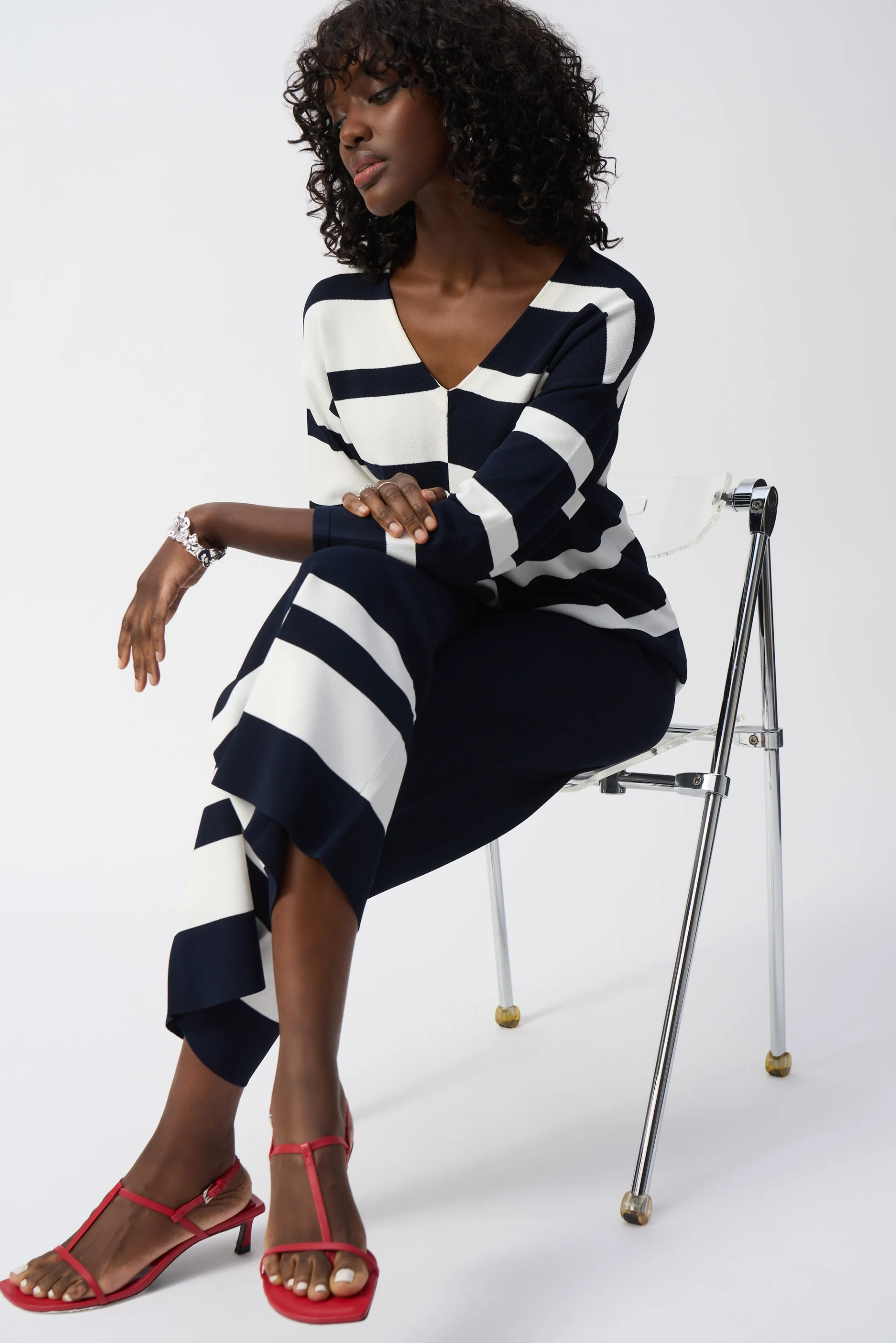 Joseph Ribkoff Midnight Blue/Vanilla Striped V-Neck Pullover Style 251914 - Image 4