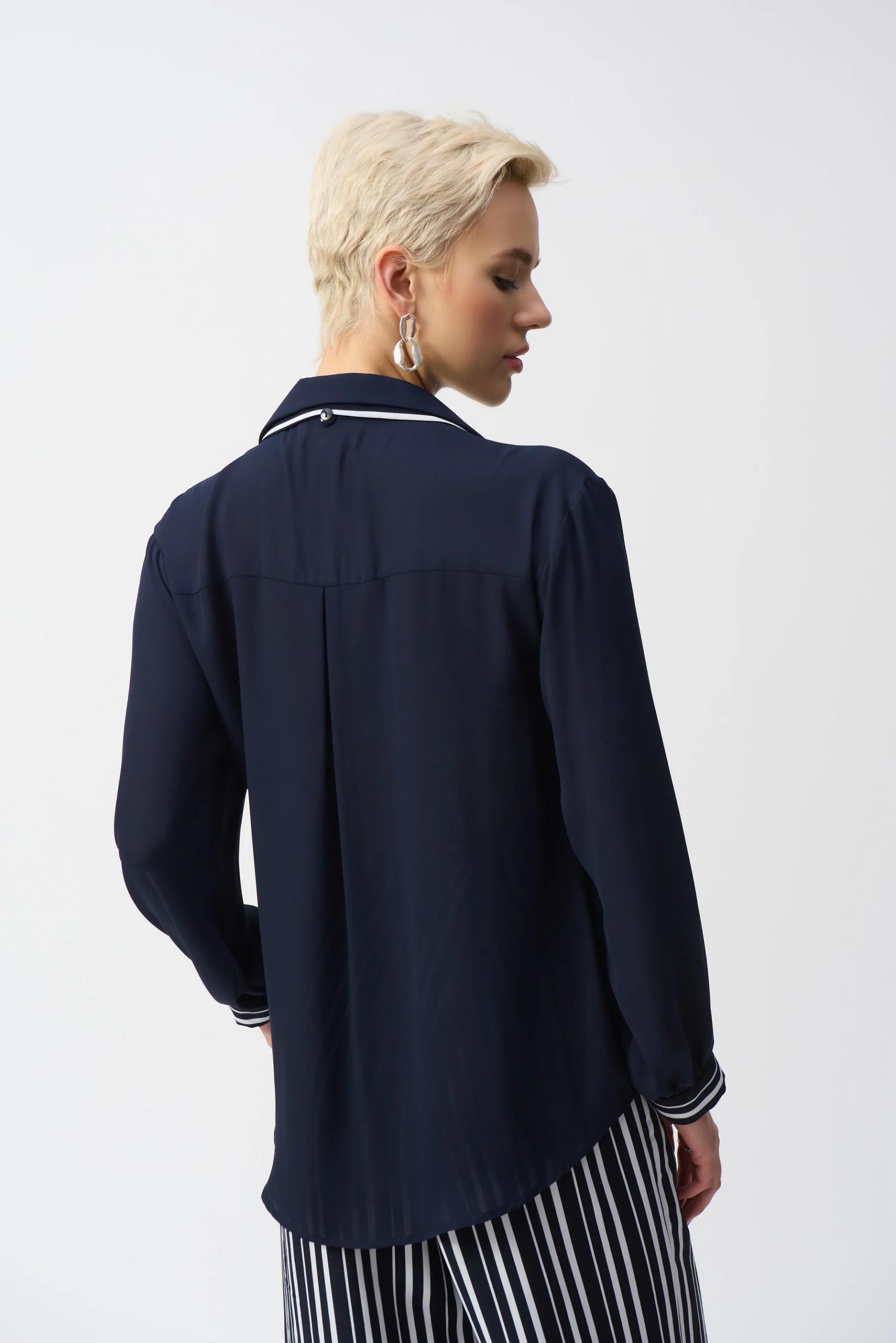 Joseph Ribkoff Midnight Blue/Vanilla Top with Stripe Scarf Style 251212 - Image 2