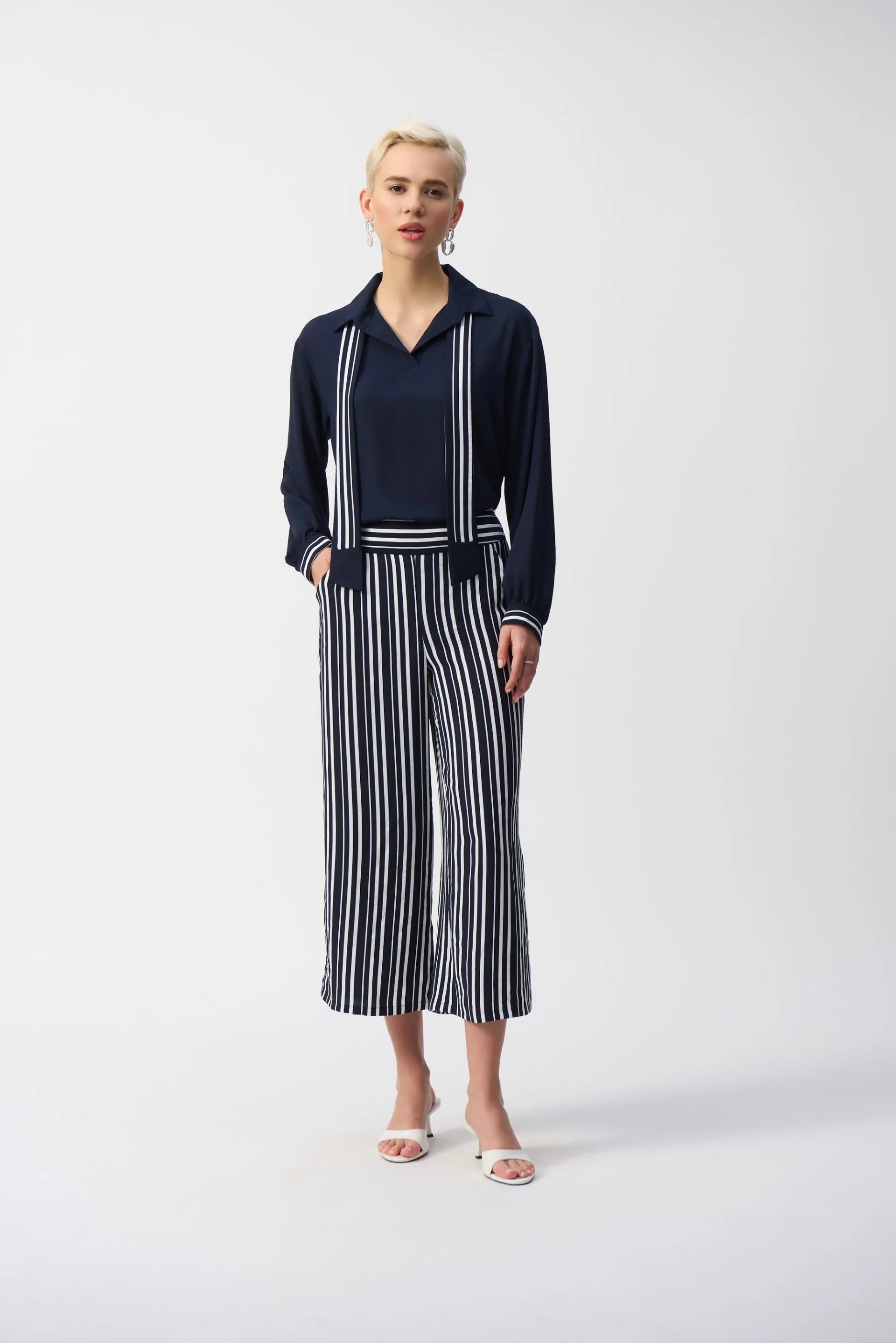 Joseph Ribkoff Midnight Blue/Vanilla Top with Stripe Scarf Style 251212 - Image 3