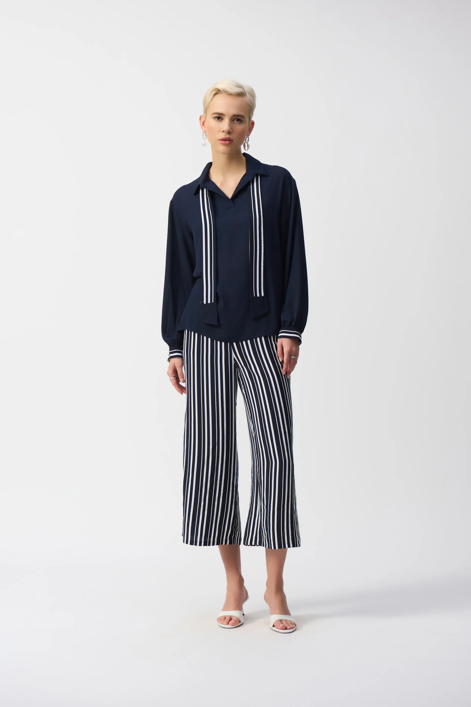 Joseph Ribkoff Midnight Blue/Vanilla Top with Stripe Scarf Style 251212 - Image 4