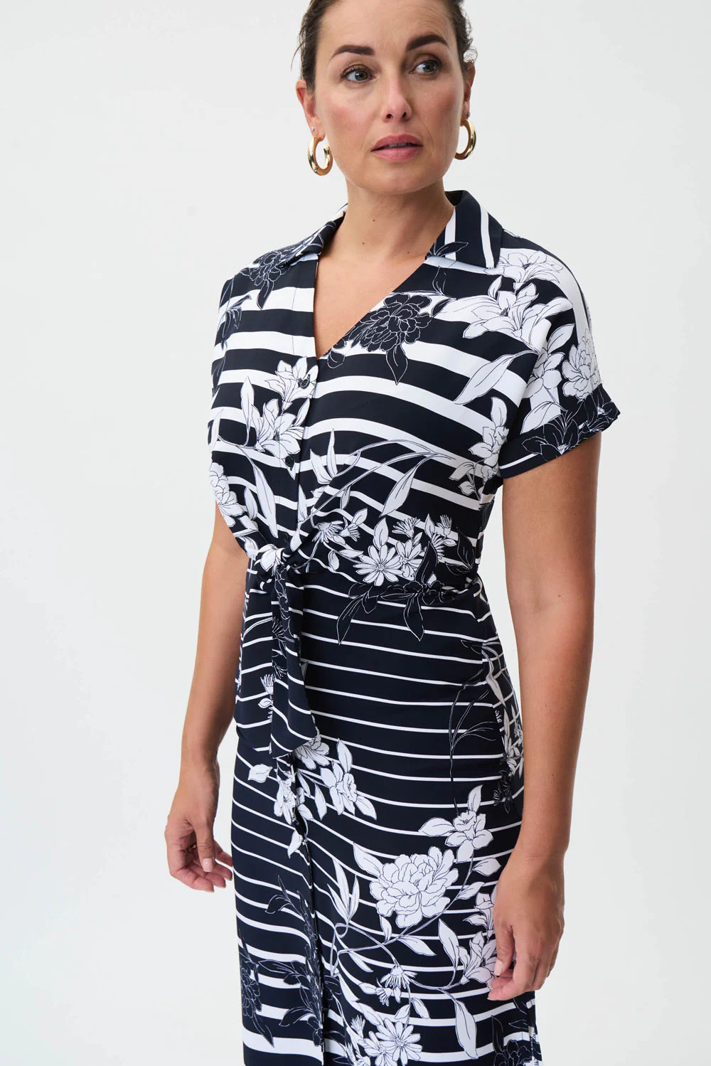 Joseph Ribkoff Midnight Blue/Vanilla Woven Floral Dress with Stripes Style 232050 - Image 2