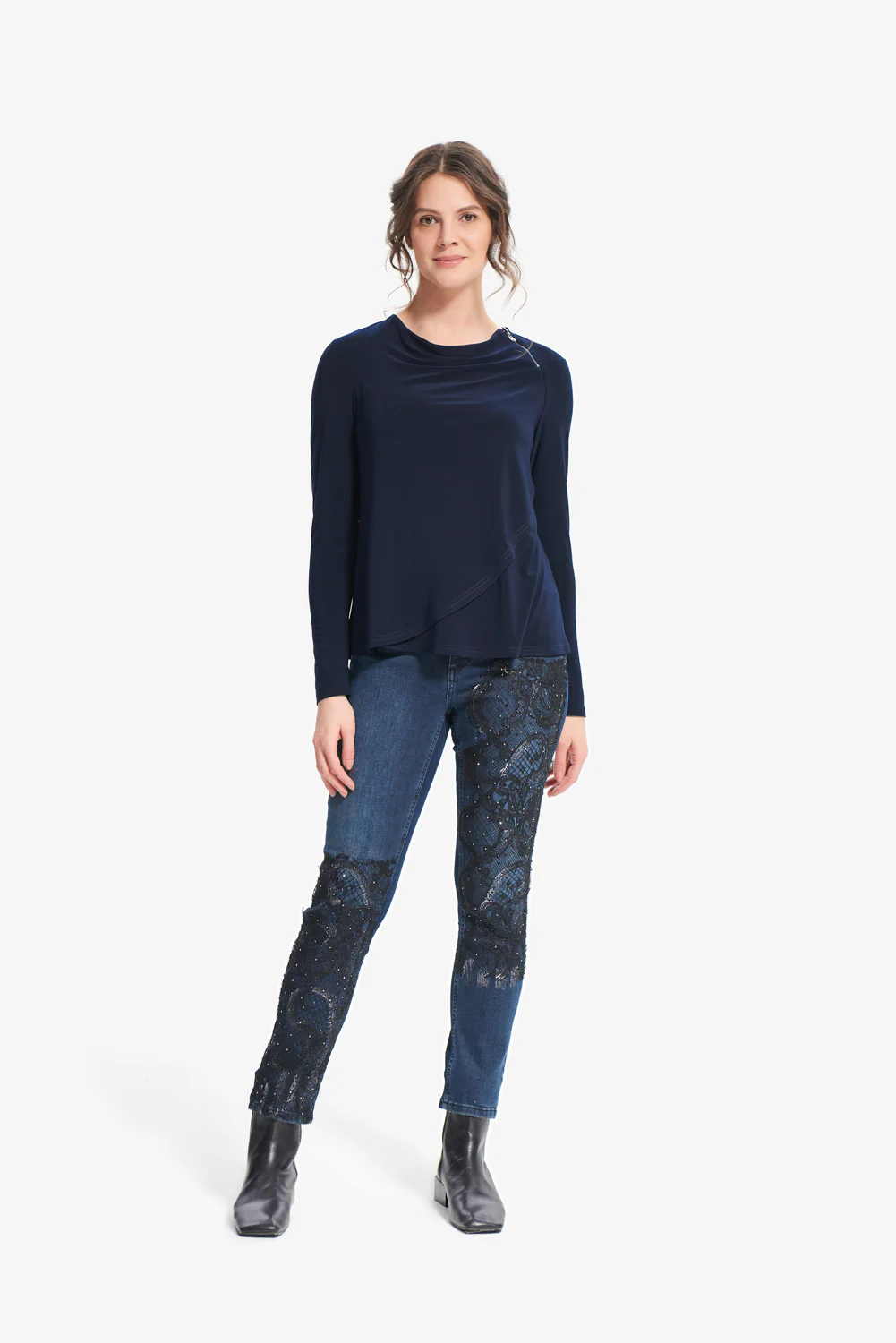 Joseph Ribkoff Midnight Blue Zipper Detail Jersey Top Style 214286 - Image 2