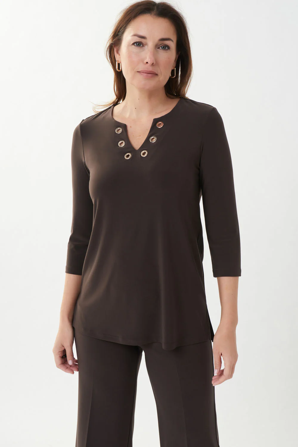 Joseph Ribkoff Mocha Grommet Neckline Top Style 223283