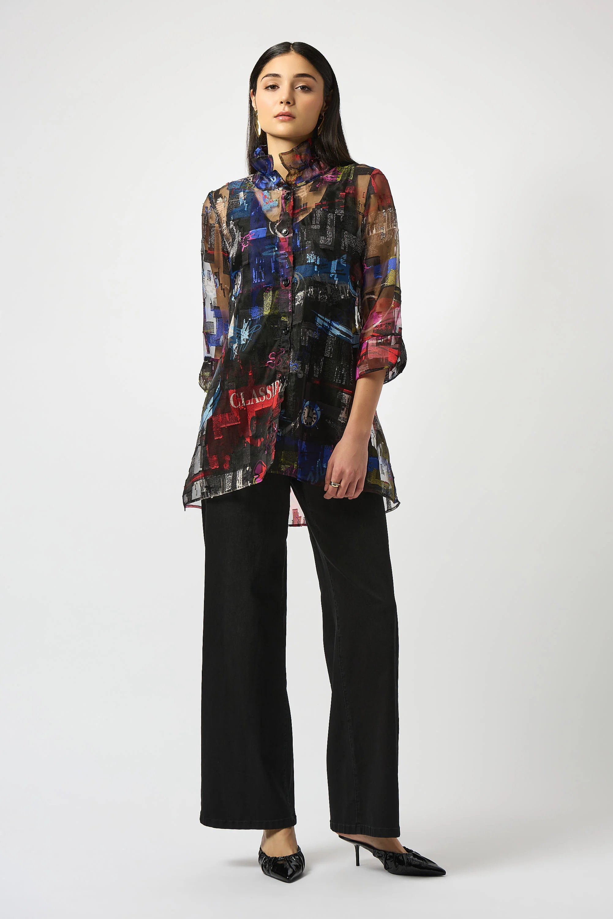 Joseph Ribkoff Multi Burnout Organza Word Print Long Blouse Style 253254