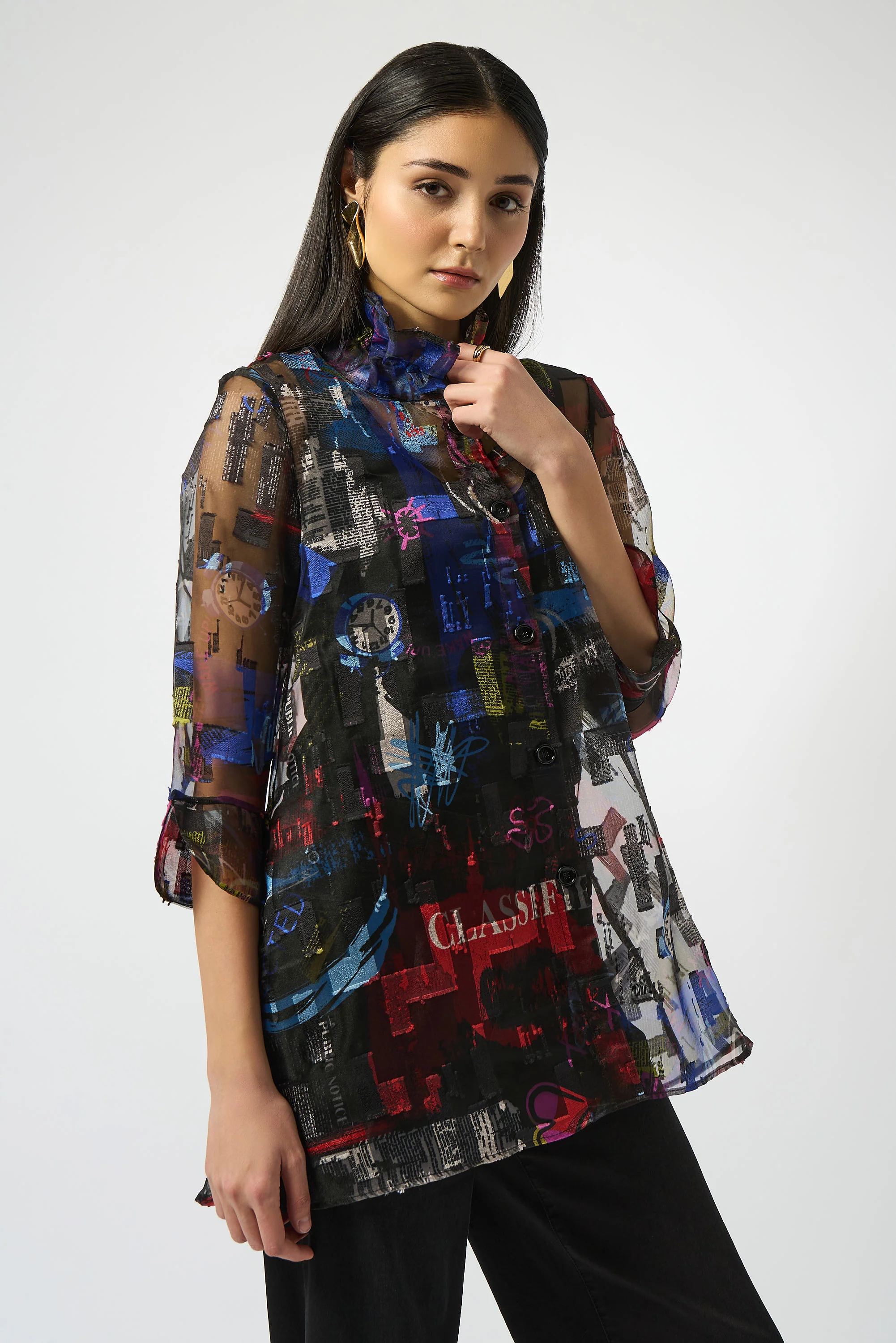 Joseph Ribkoff Multi Burnout Organza Word Print Long Blouse Style 253254 - Image 2