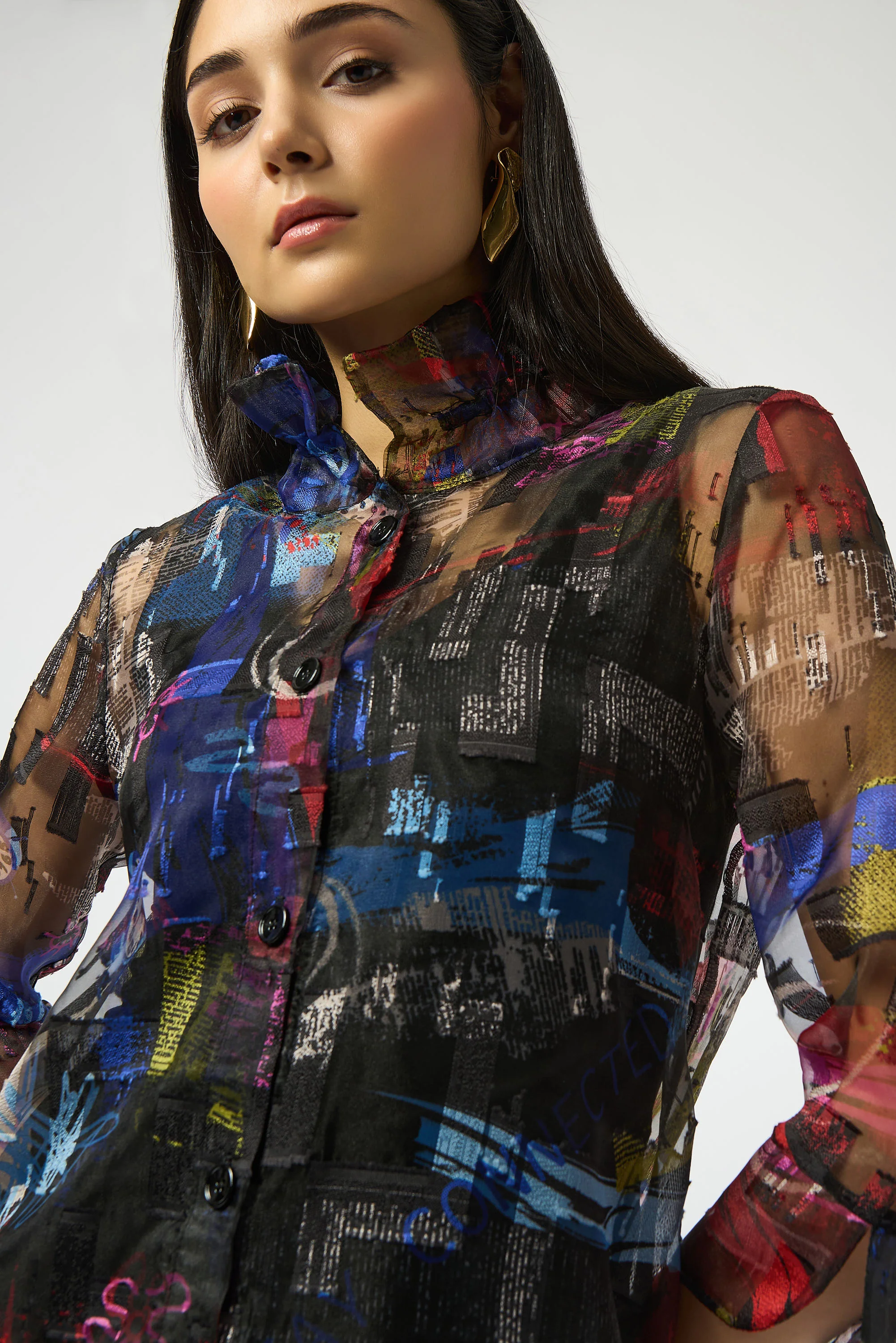 Joseph Ribkoff Multi Burnout Organza Word Print Long Blouse Style 253254 - Image 3