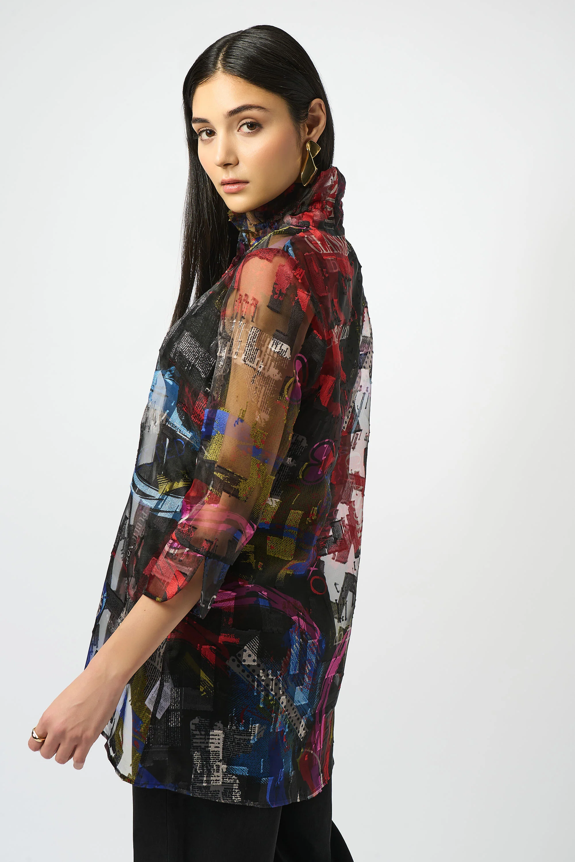 Joseph Ribkoff Multi Burnout Organza Word Print Long Blouse Style 253254 - Image 4