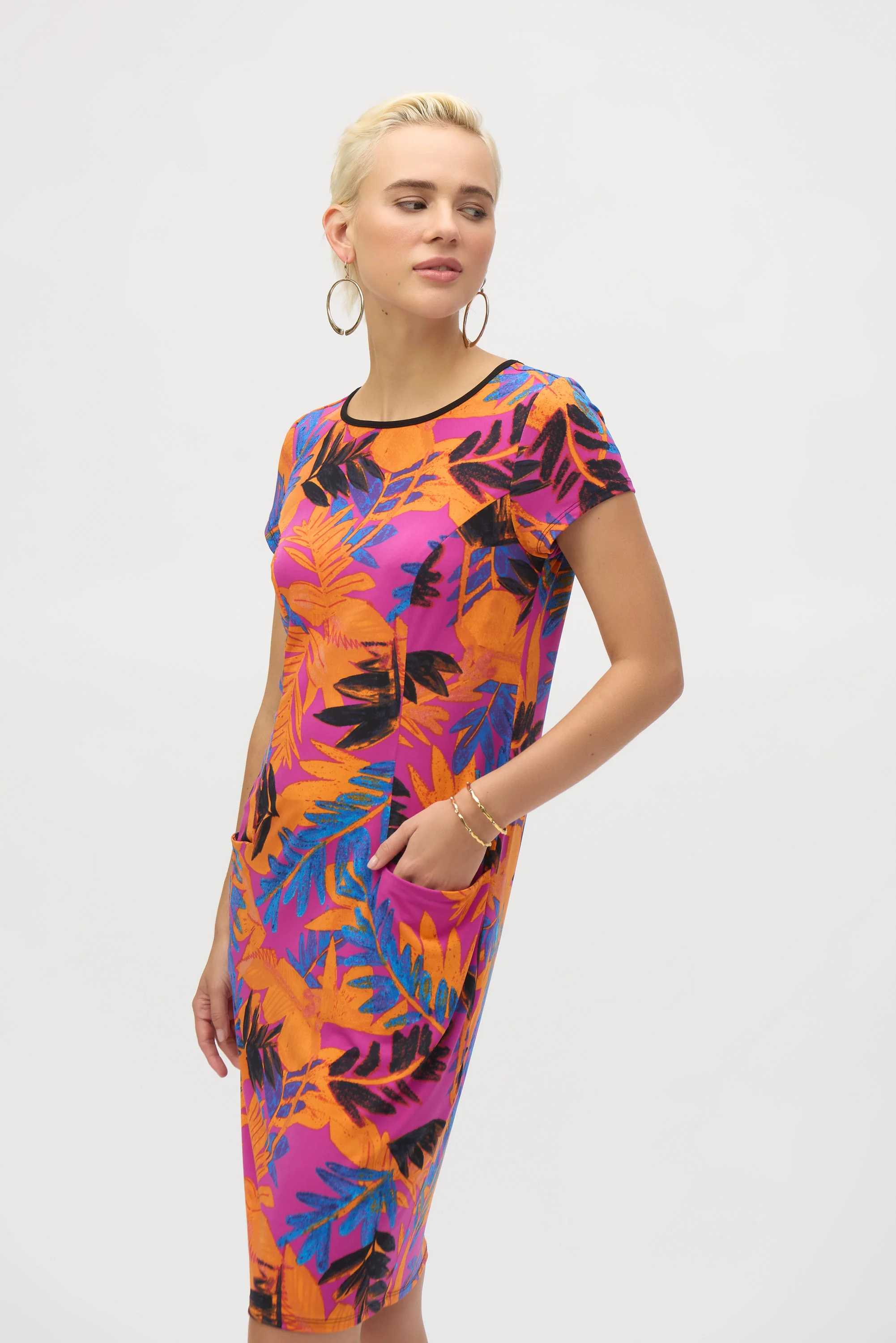 Joseph Ribkoff Multi Silky Knit Tropical Print Sheath Dress Style 252223 - Image 2