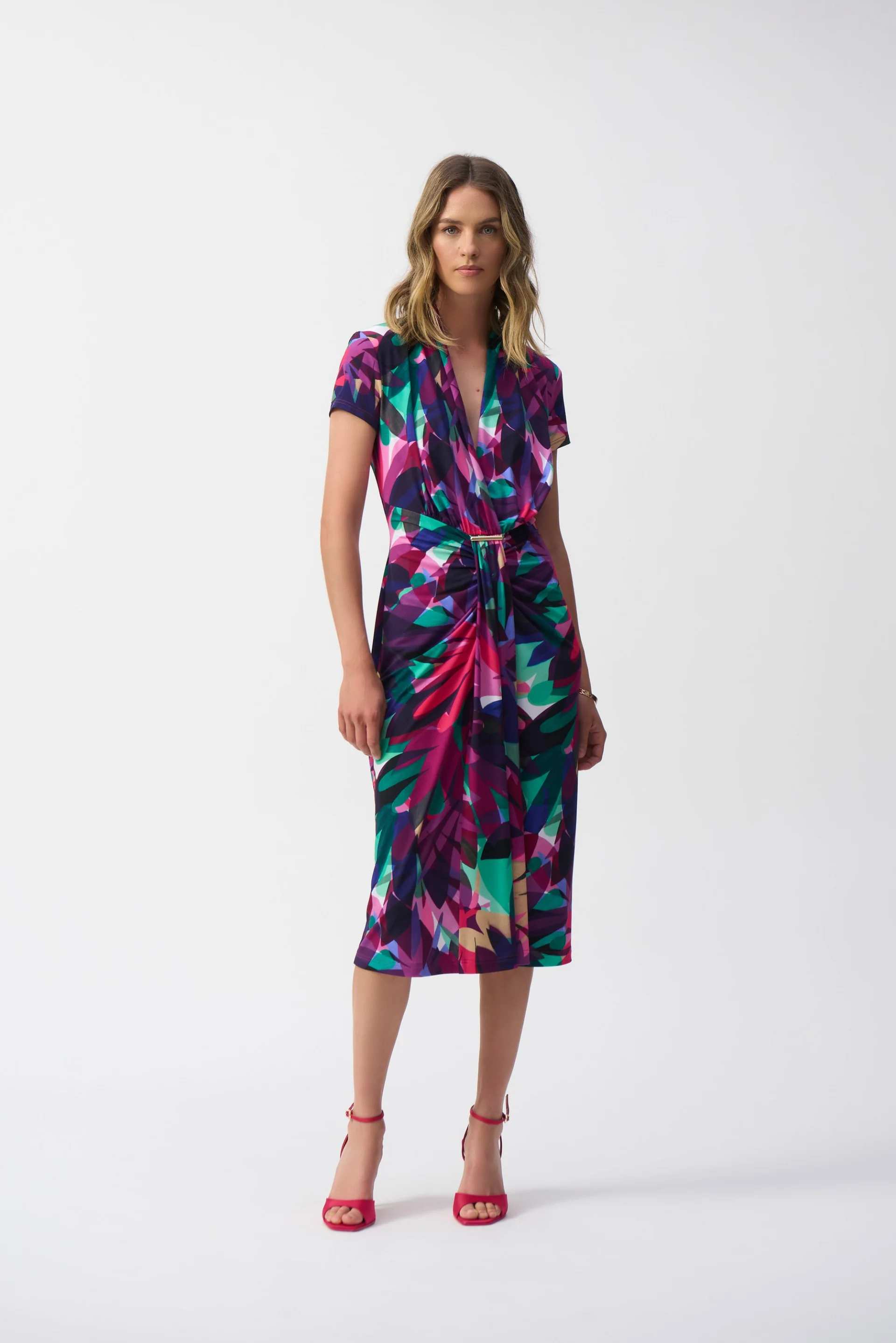 Joseph Ribkoff Multi Silky Knit Tropical Print Wrap Dress Style 251042 - Image 3