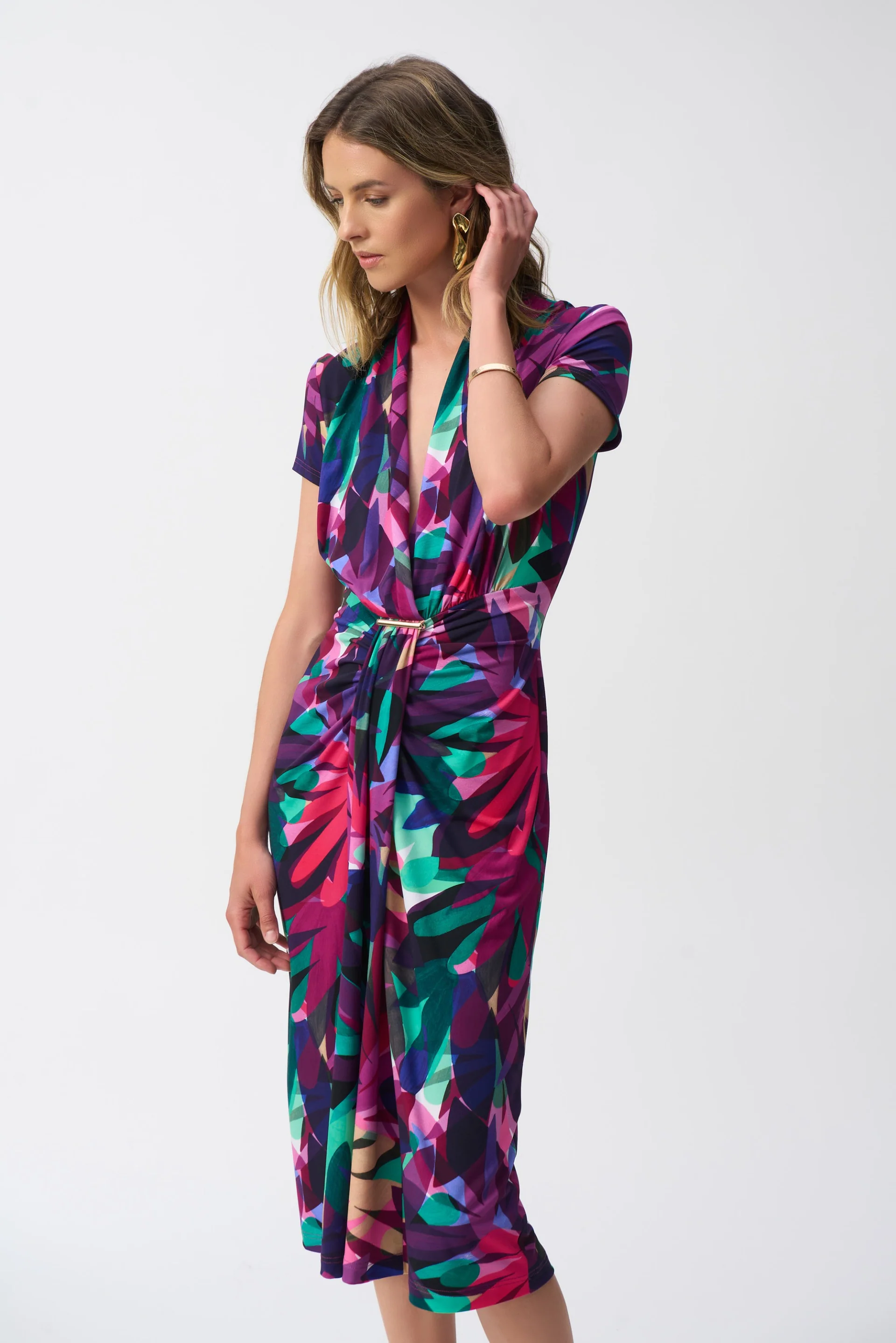 Joseph Ribkoff Multi Silky Knit Tropical Print Wrap Dress Style 251042 - Image 4