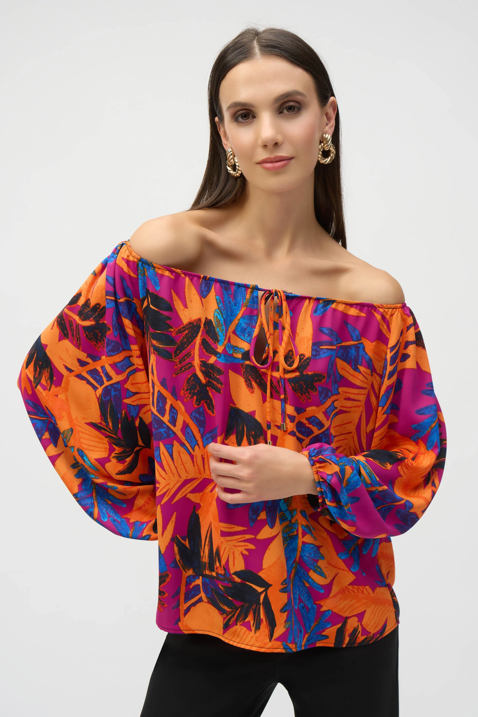 Joseph Ribkoff Multi Woven Tropical Print Flared Top Style 252162