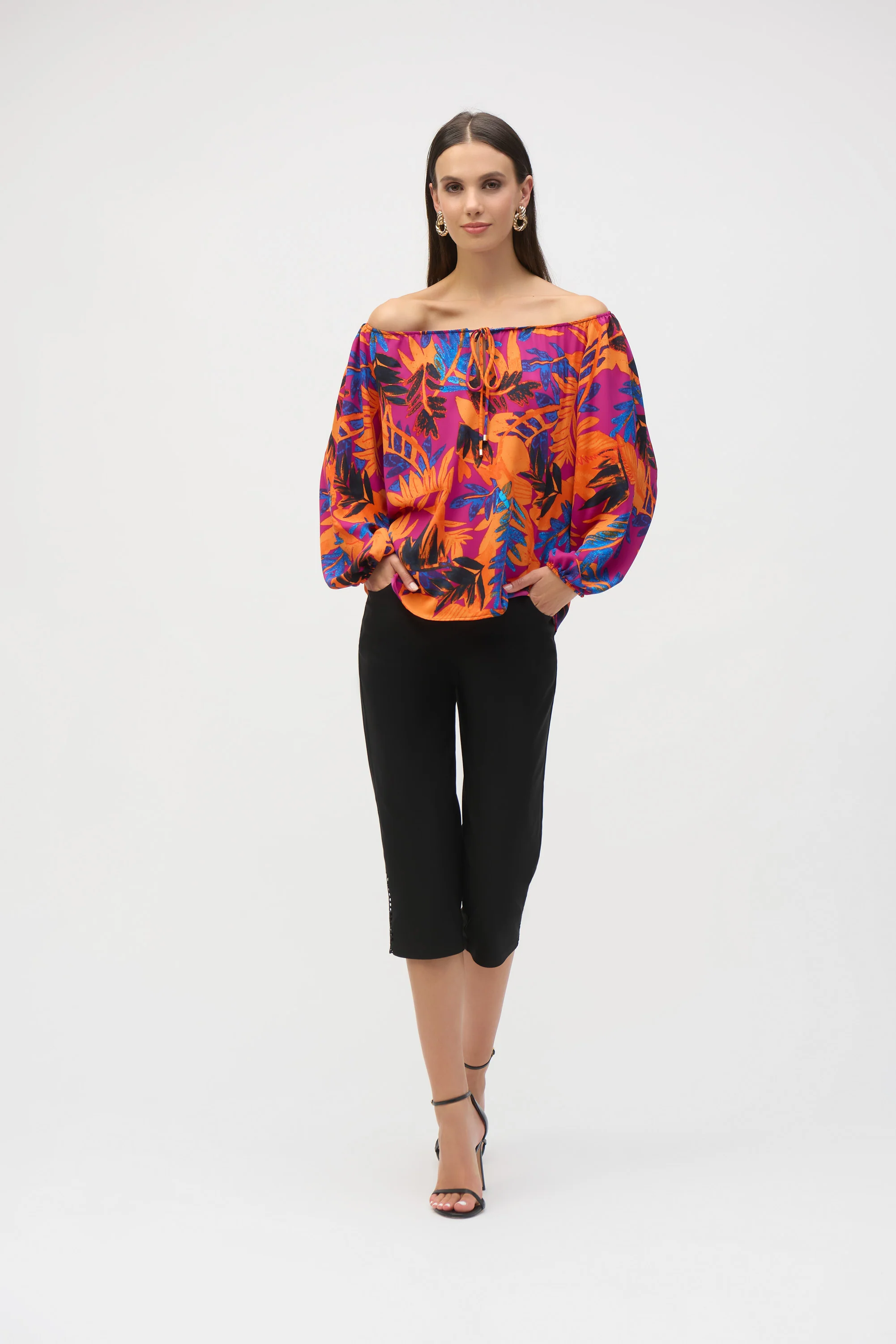 Joseph Ribkoff Multi Woven Tropical Print Flared Top Style 252162 - Image 2
