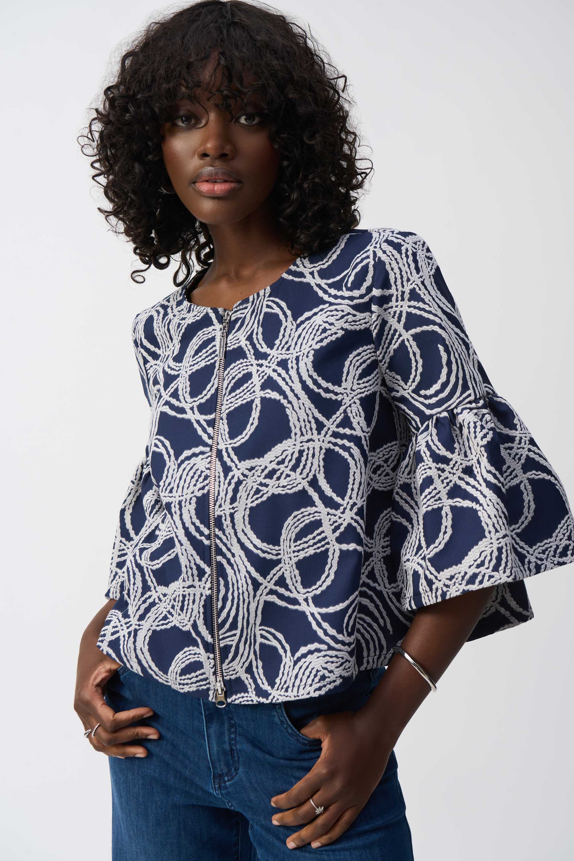 Joseph Ribkoff Navy/Off-White Abstract Jacquard Trapeze Jacket Style 251006