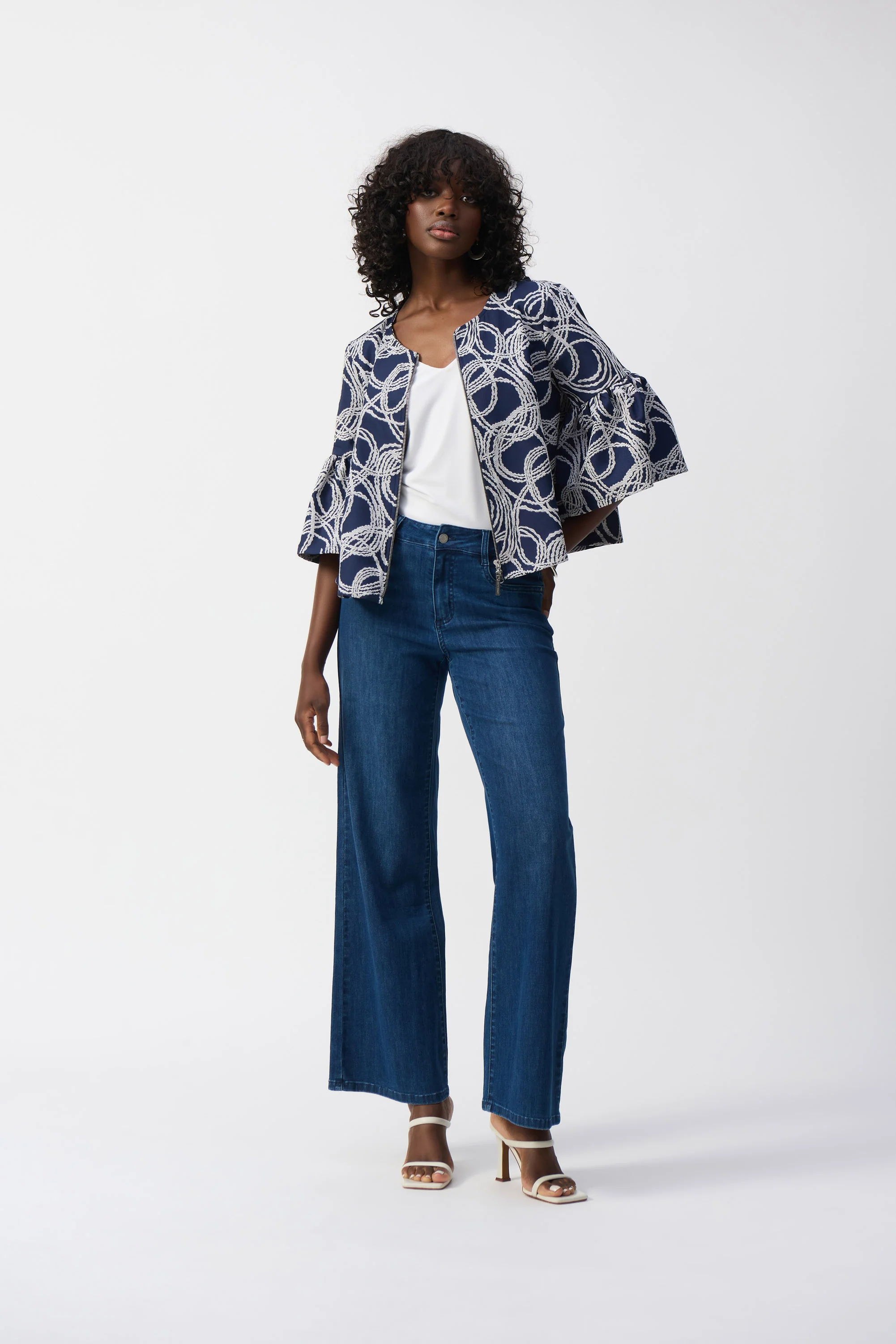 Joseph Ribkoff Navy/Off-White Abstract Jacquard Trapeze Jacket Style 251006 - Image 4