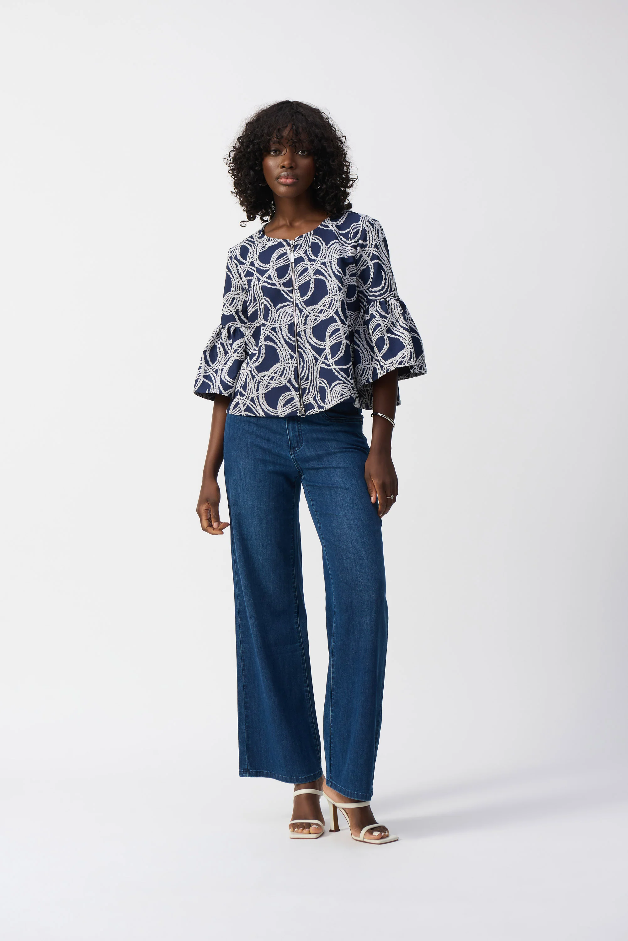 Joseph Ribkoff Navy/Off-White Abstract Jacquard Trapeze Jacket Style 251006 - Image 5