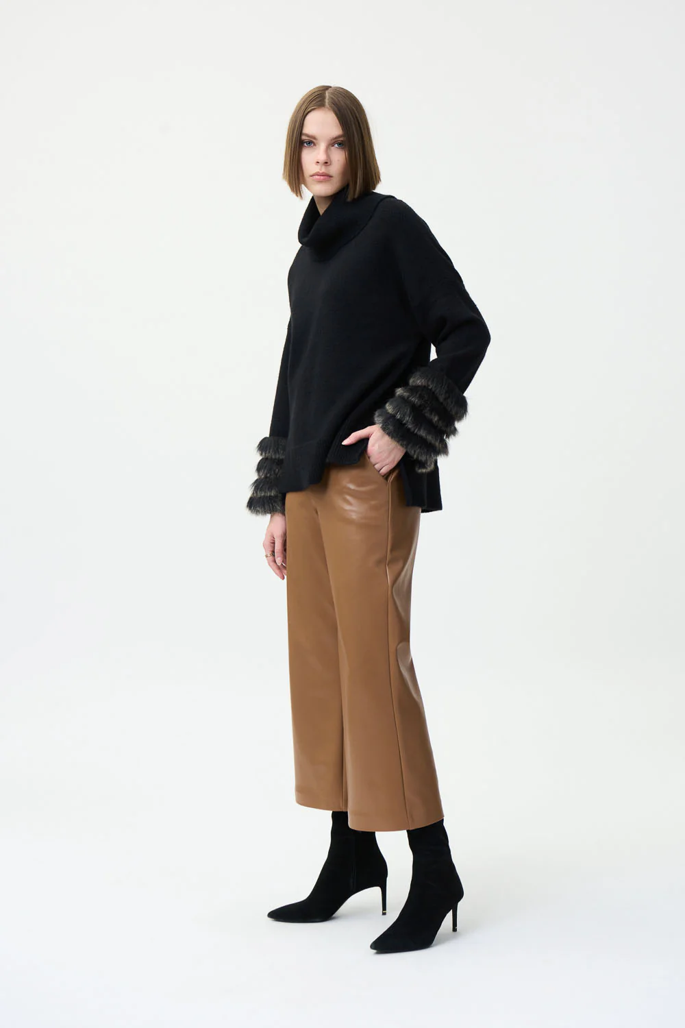 Joseph Ribkoff Nutmeg Faux Leather Flared 3/4 Length Pants Style 224016 - Image 4