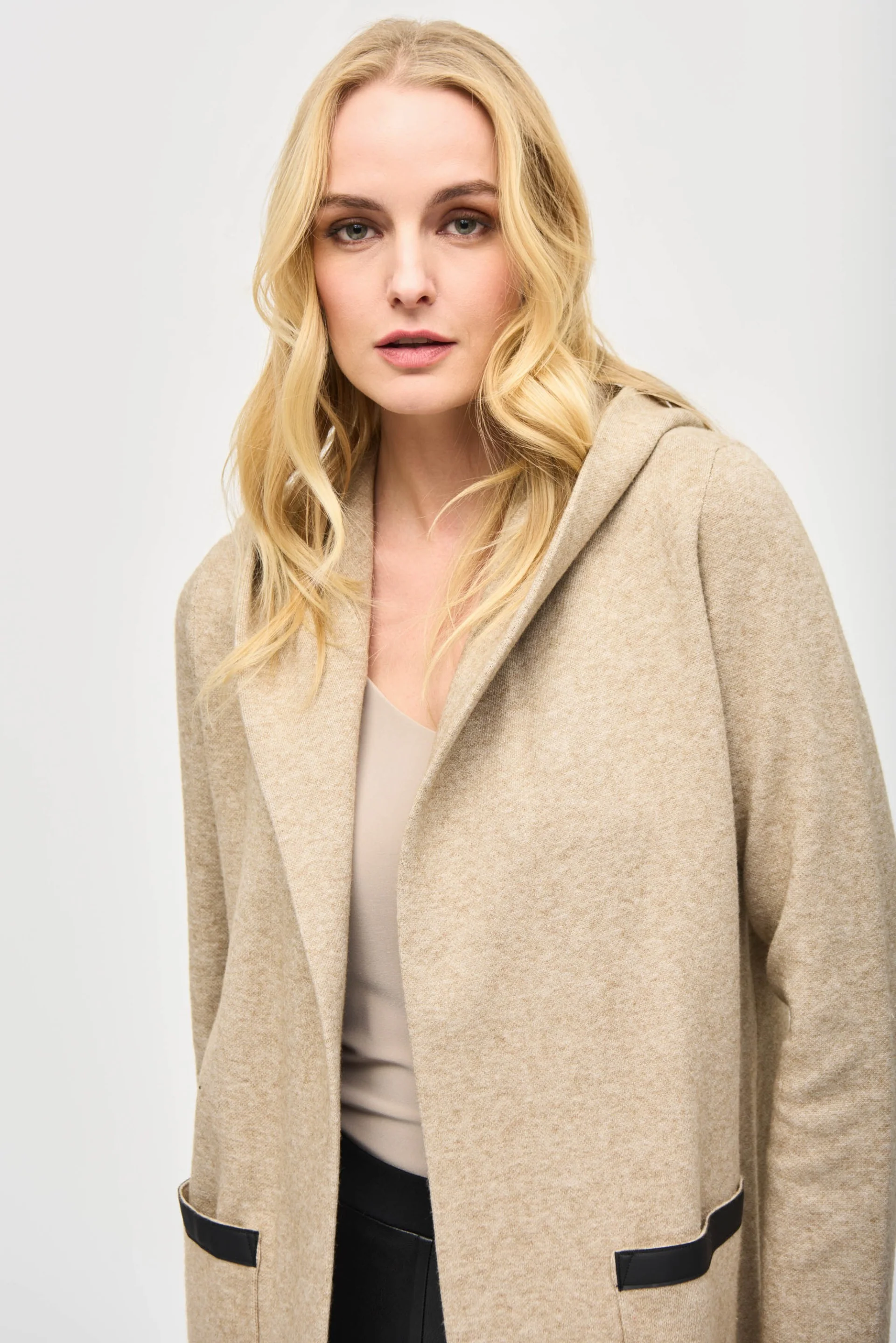 Joseph Ribkoff Oatmeal Mélange Hooded Cover-Up Style 243968 - Image 2