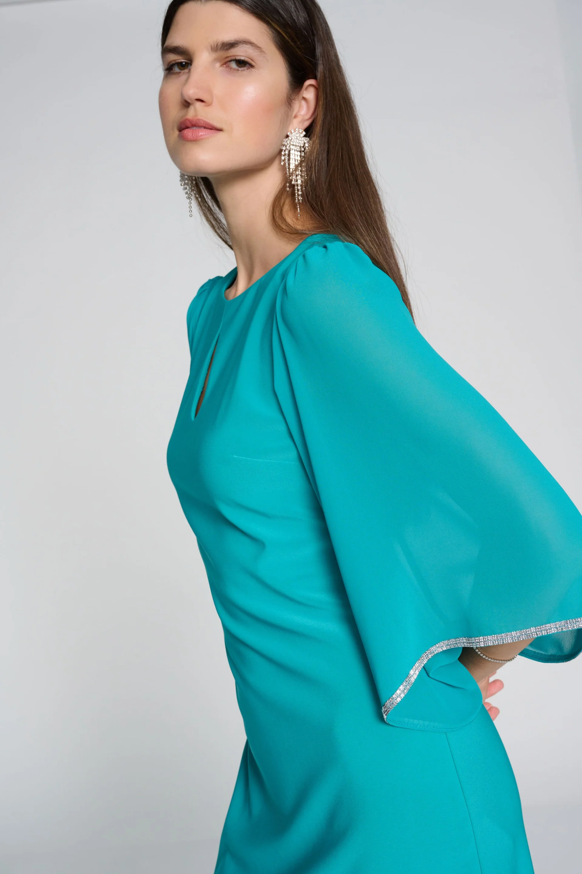 Joseph Ribkoff Ocean Blue Dress with Chiffon Sleeves Style 241709 - Image 3