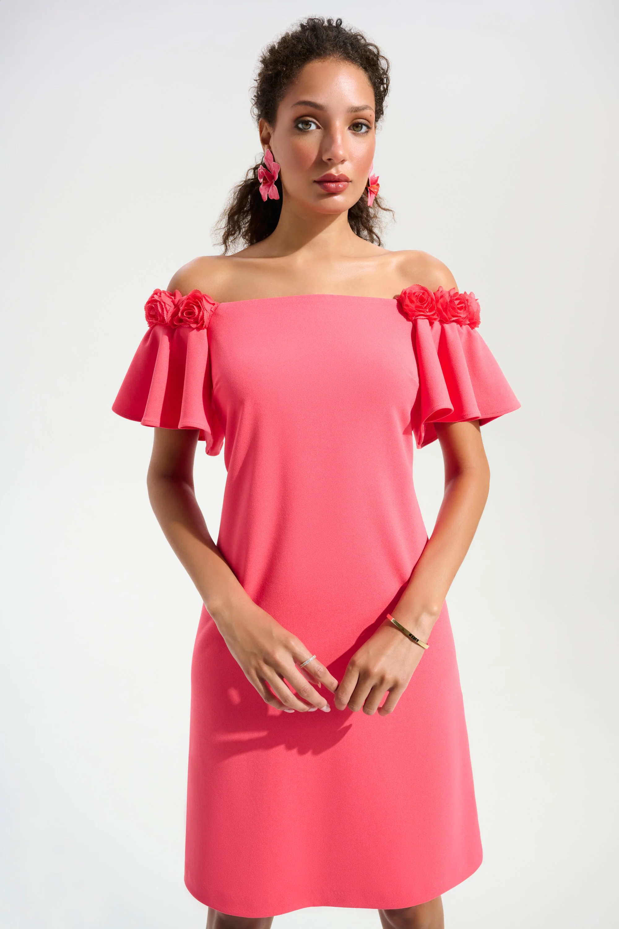 Joseph Ribkoff Off-Shoulder Shift Dress With 3D Flower Trim Style 261734