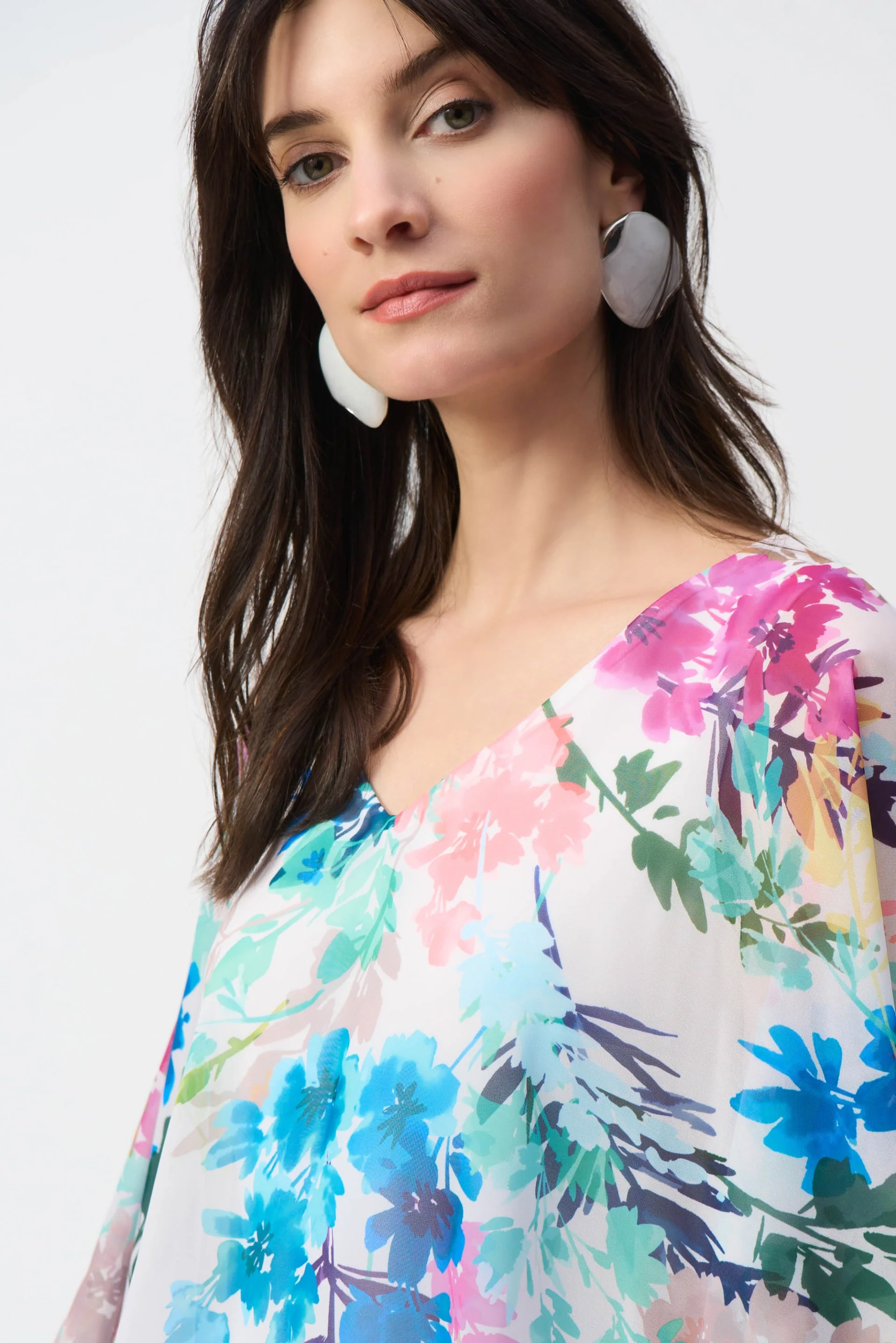 Joseph Ribkoff Off-White/Multi Chiffon Floral Print Poncho Top Style 251238 - Image 3