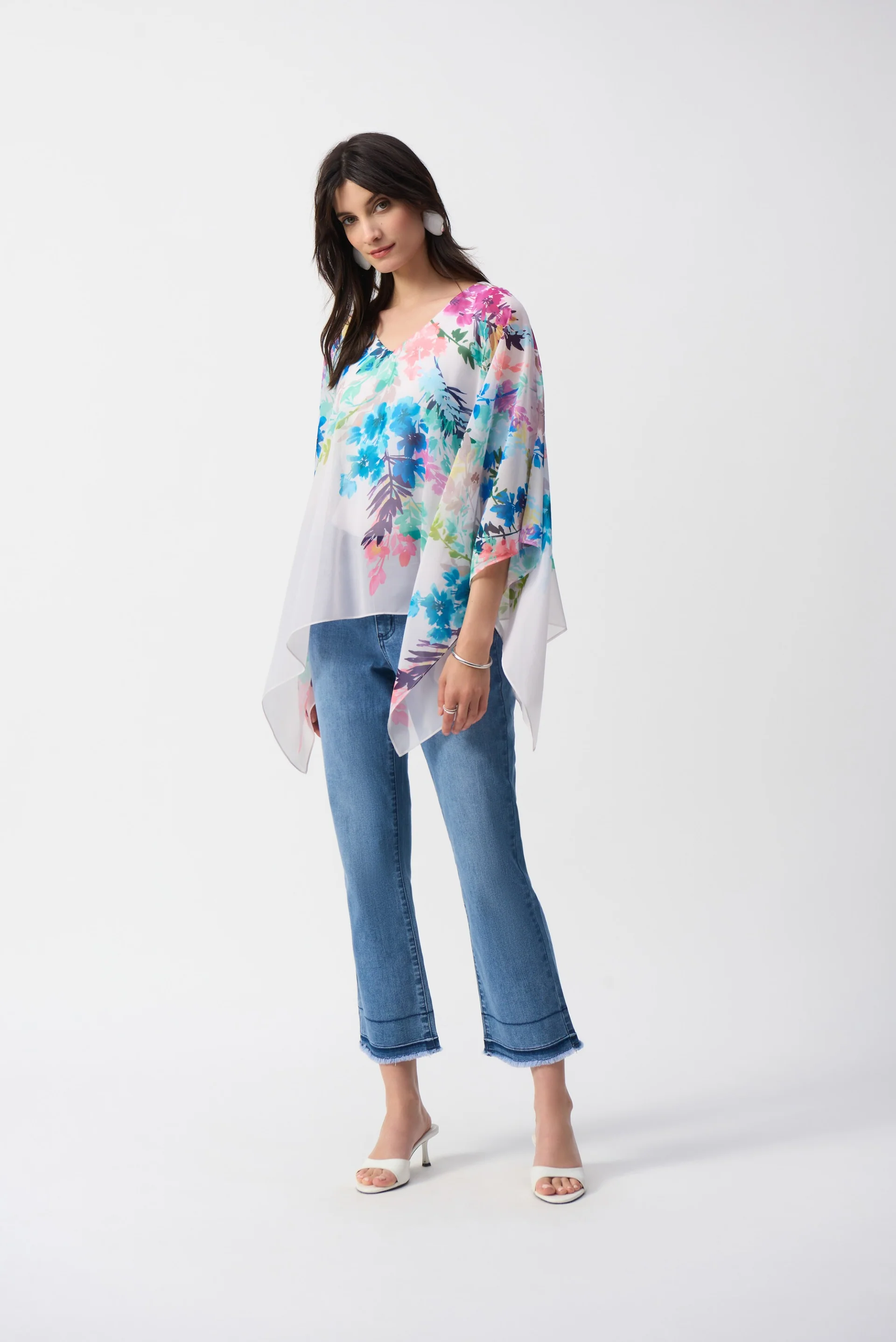 Joseph Ribkoff Off-White/Multi Chiffon Floral Print Poncho Top Style 251238 - Image 4
