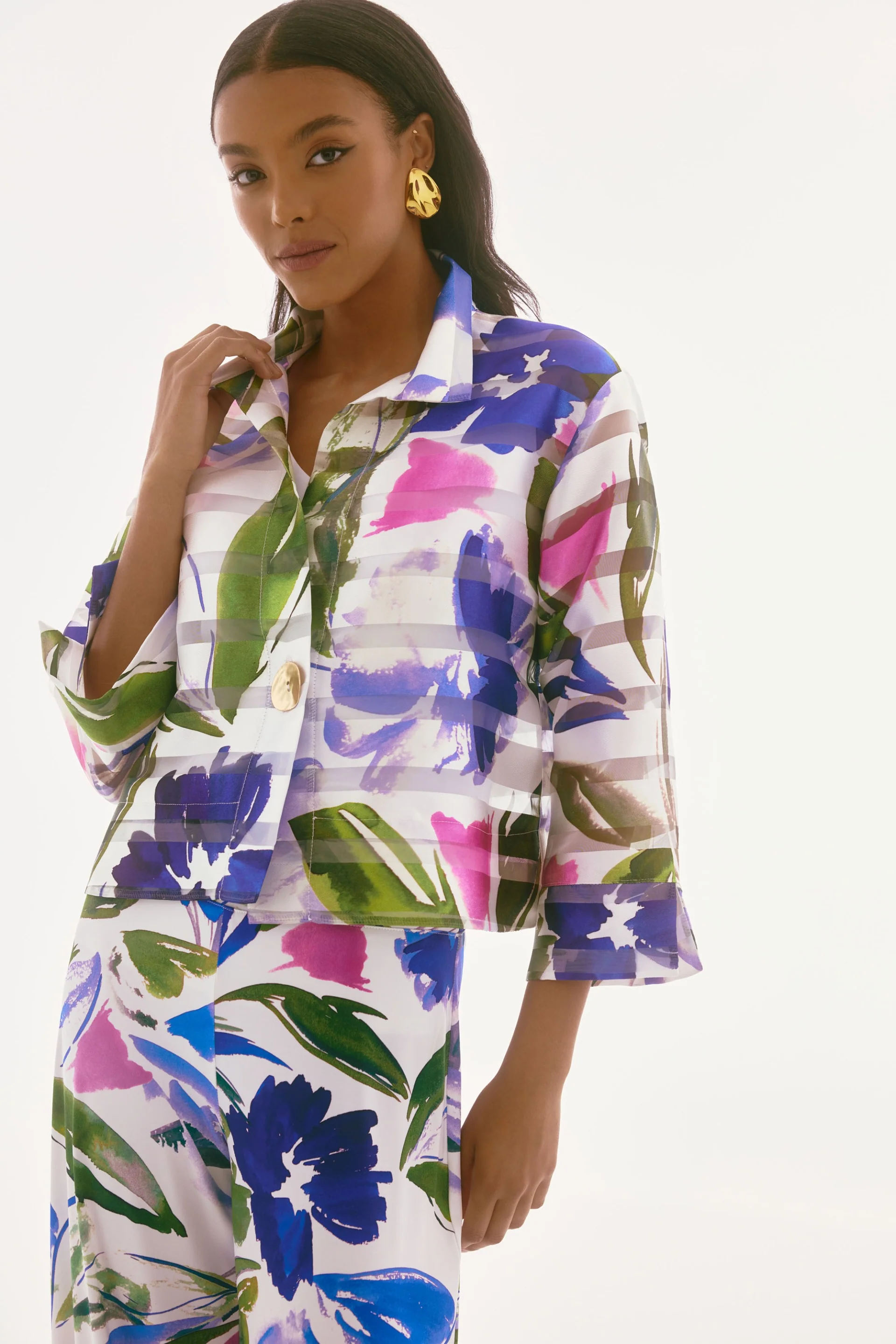 Joseph Ribkoff Off-White/Multi Shadow Stripe Floral Print Trapeze Jacket Style 251776 - Image 2