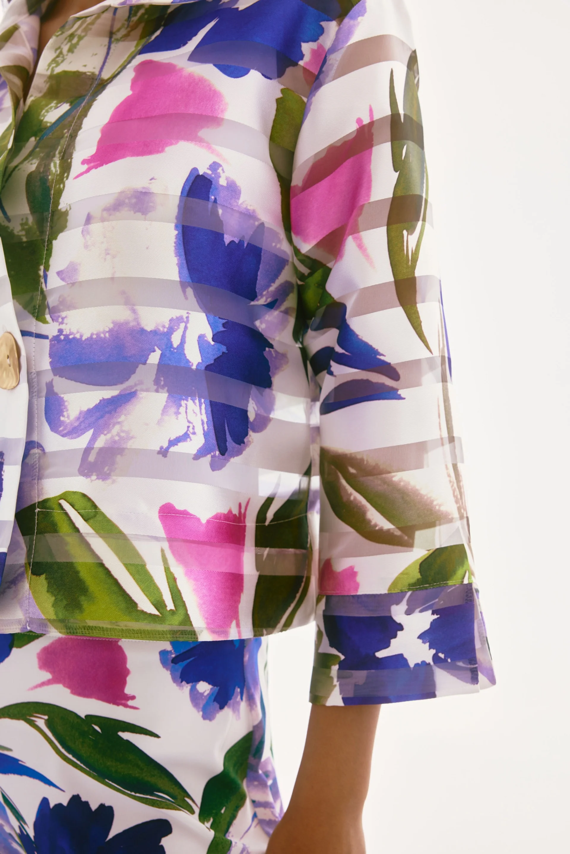 Joseph Ribkoff Off-White/Multi Shadow Stripe Floral Print Trapeze Jacket Style 251776 - Image 3