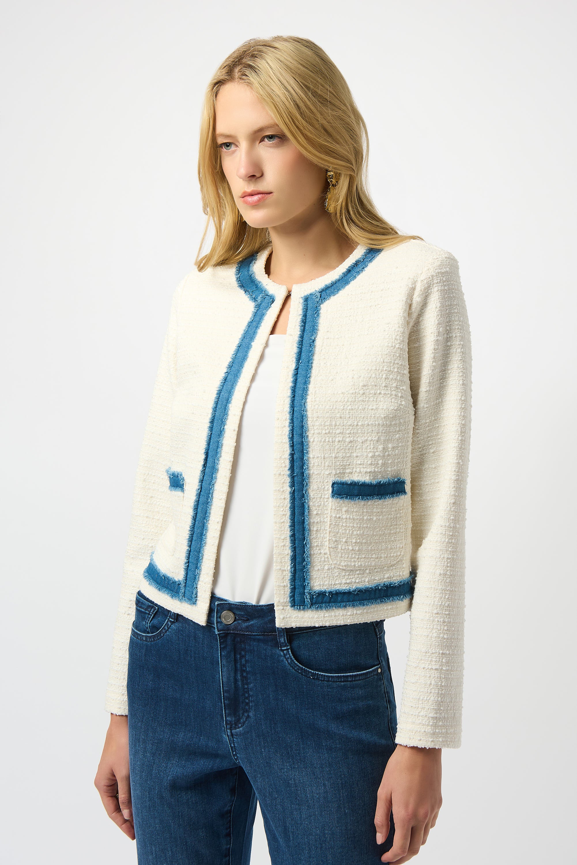 Joseph Ribkoff Off-White Straight Jacket With Denim Trim Style 253108