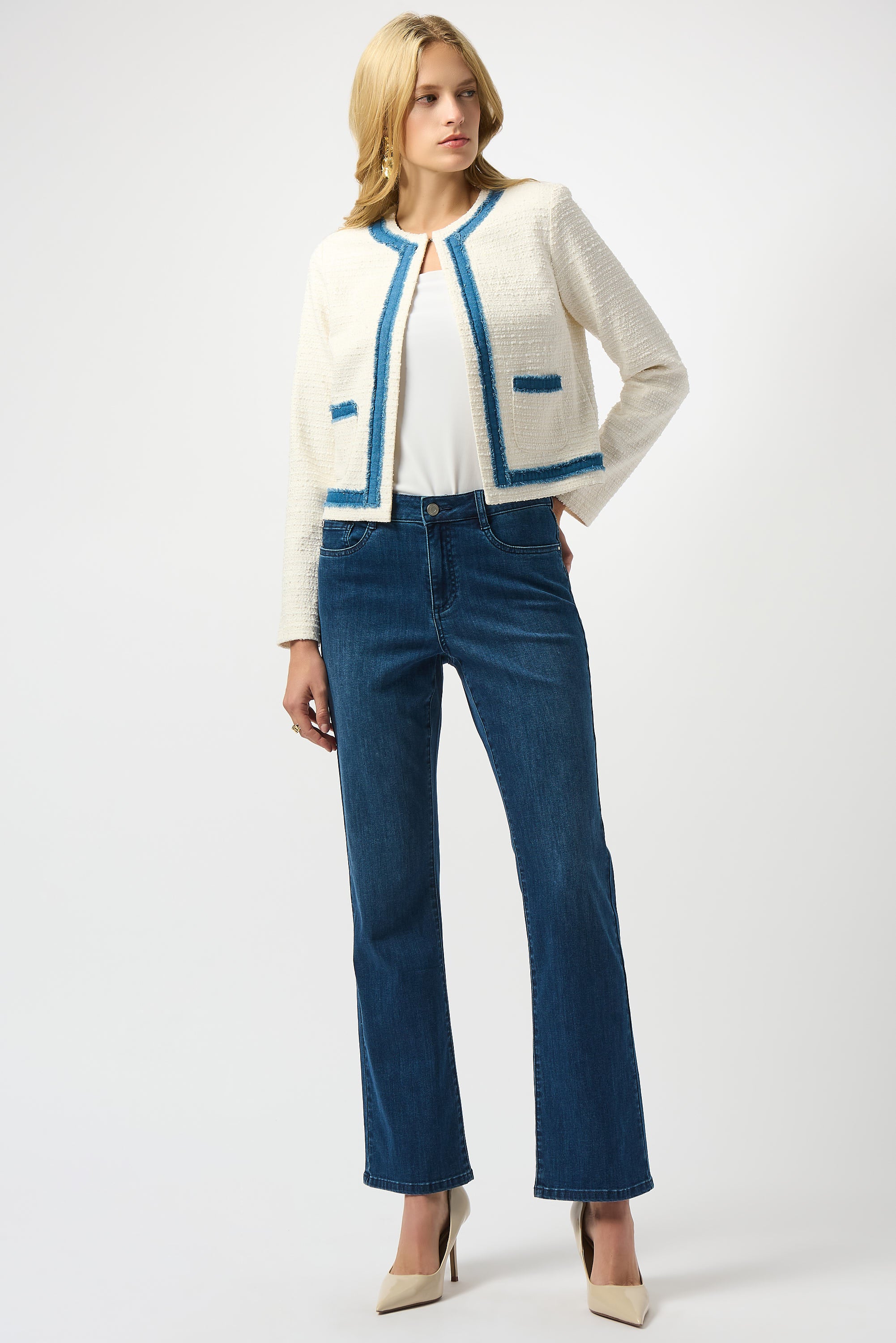Joseph Ribkoff Off-White Straight Jacket With Denim Trim Style 253108 - Image 2