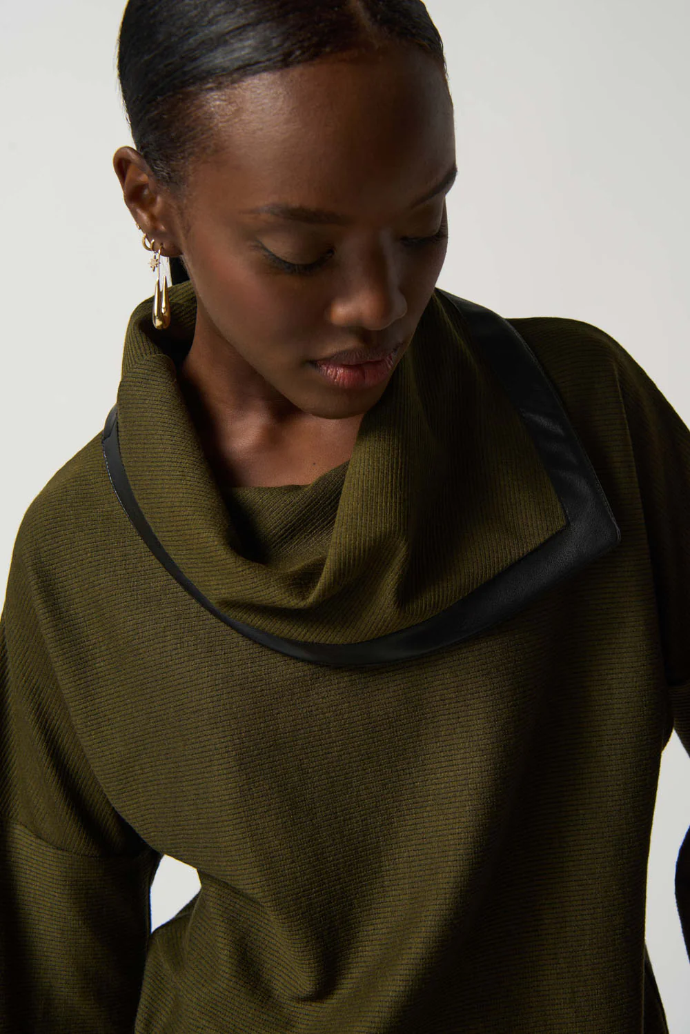Joseph Ribkoff Olive/Black Cowl Neckline Sweater Style 233041 - Image 2