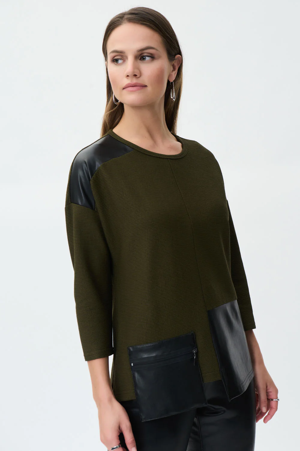 Joseph Ribkoff Olive/Black Faux Leather Patch Top Style 223025