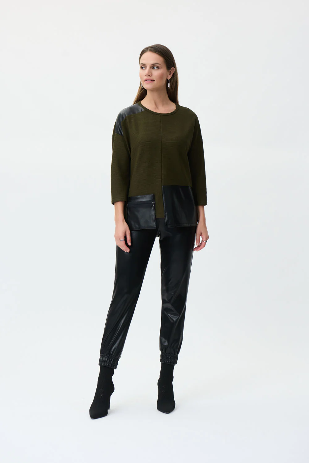 Joseph Ribkoff Olive/Black Faux Leather Patch Top Style 223025 - Image 4