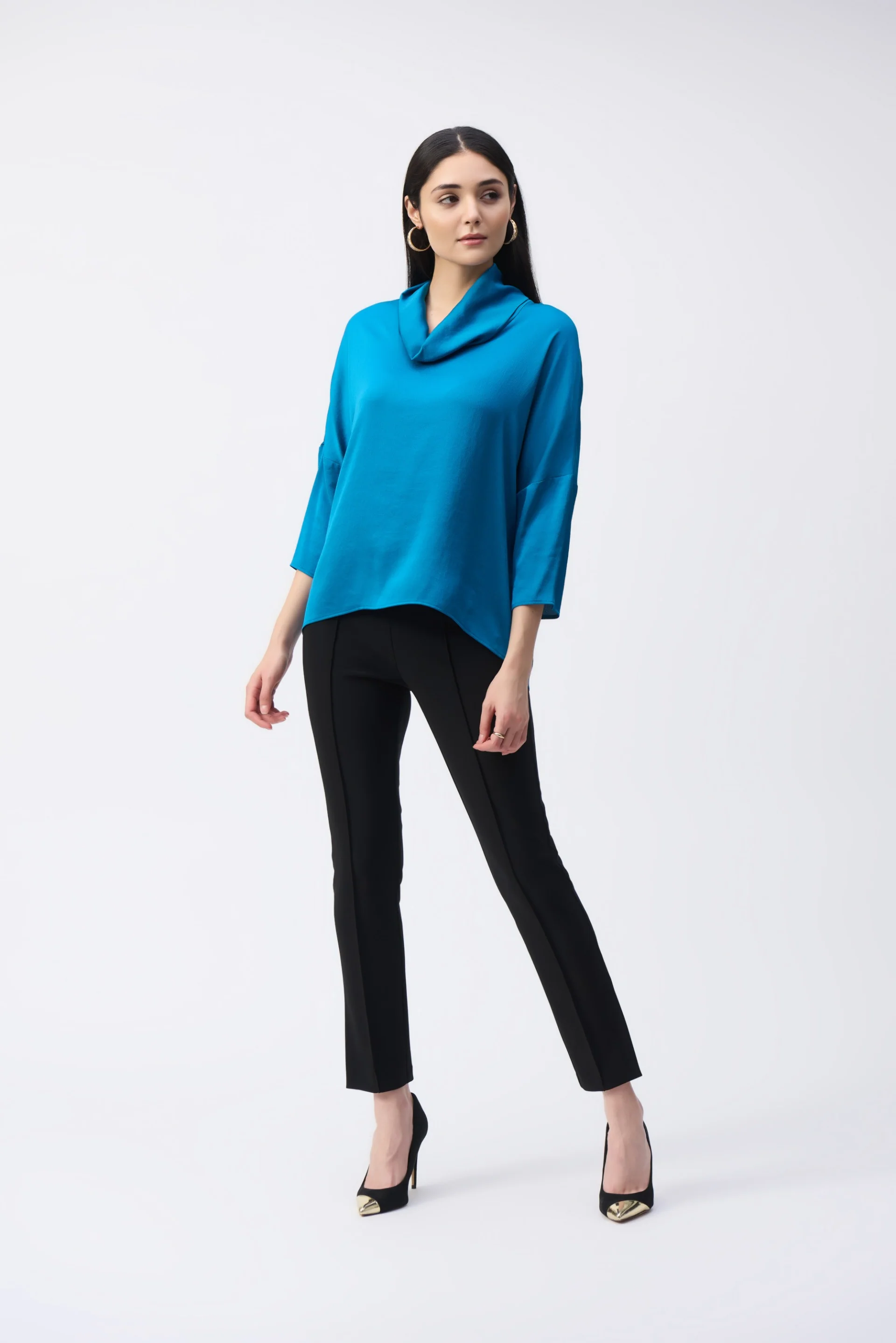 Joseph Ribkoff Pacific Blue Satin Cowl Collar Top Style 243189 - Image 4