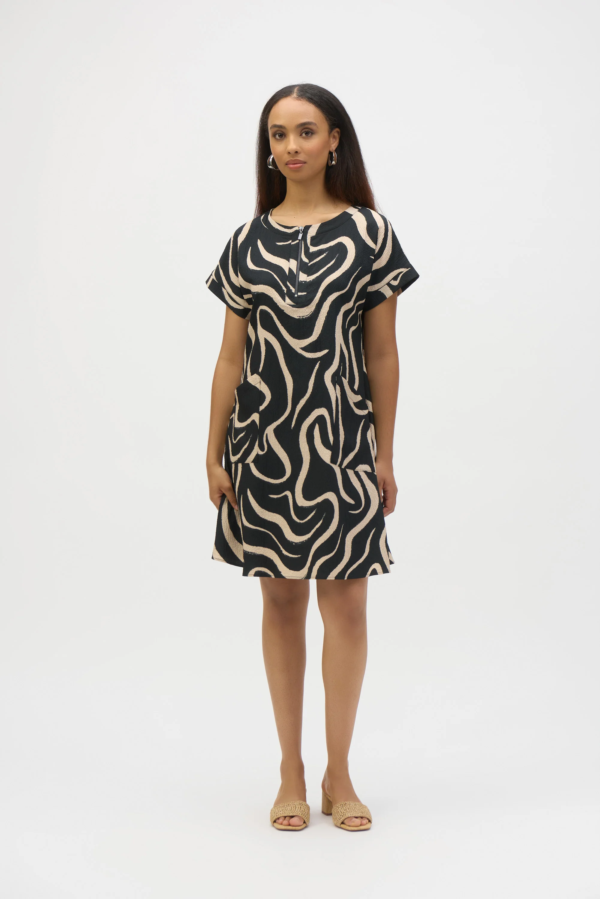Joseph Ribkoff Black/Parchment Seersucker Abstract Print A-Line Dress Style 252205