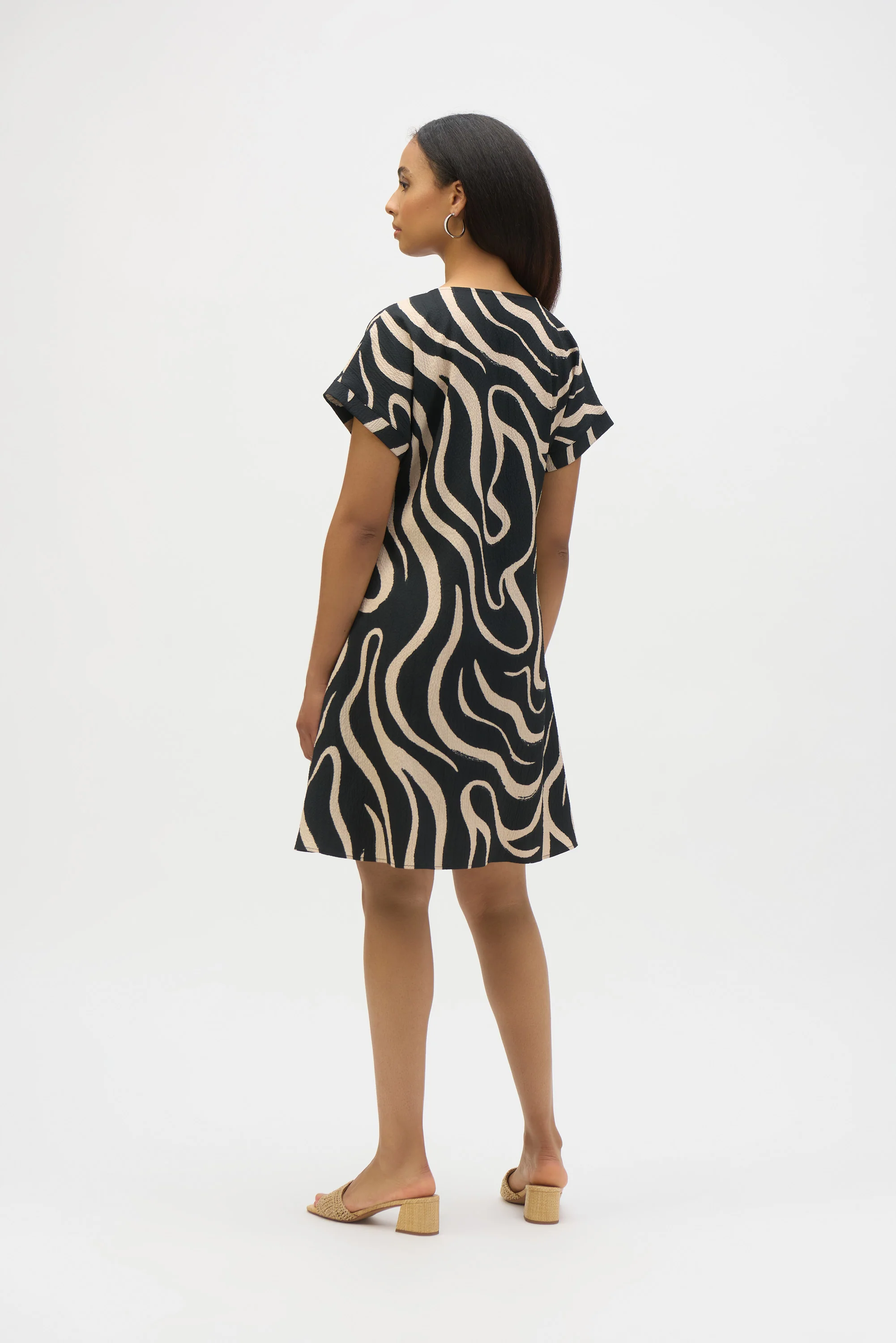 Joseph Ribkoff Black/Parchment Seersucker Abstract Print A-Line Dress Style 252205 - Image 4
