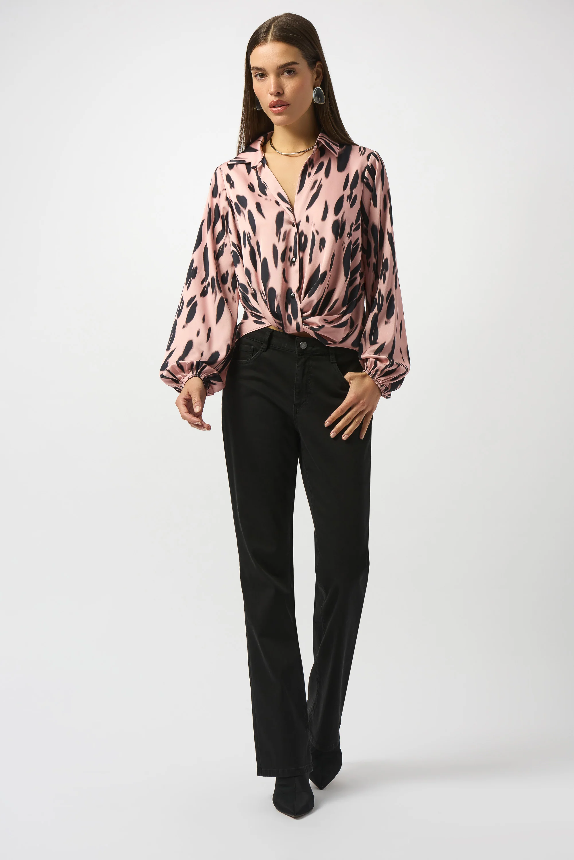 Joseph Ribkoff Pink/Black Satin Animal Print Draped Top Style 253059