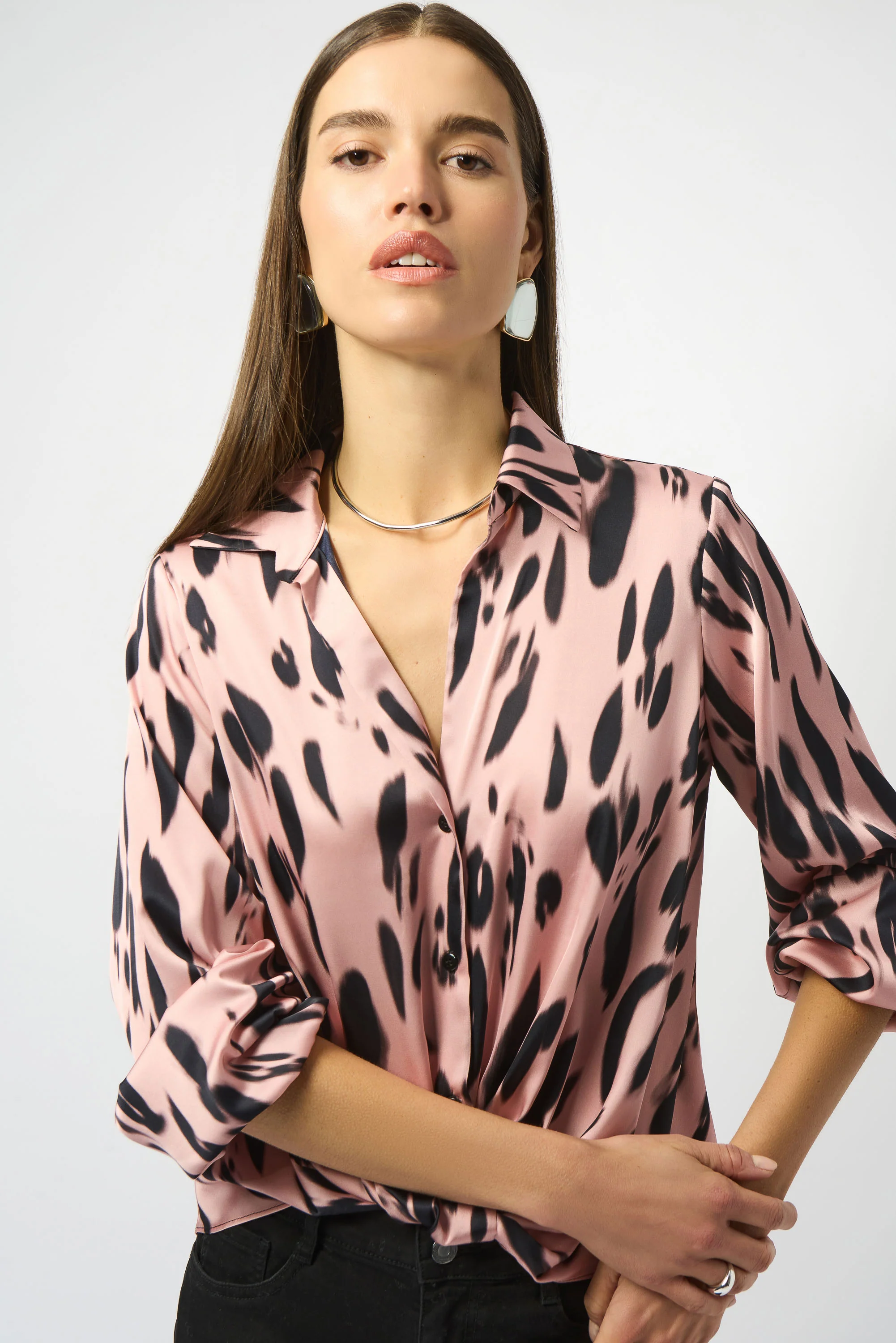 Joseph Ribkoff Pink/Black Satin Animal Print Draped Top Style 253059 - Image 2